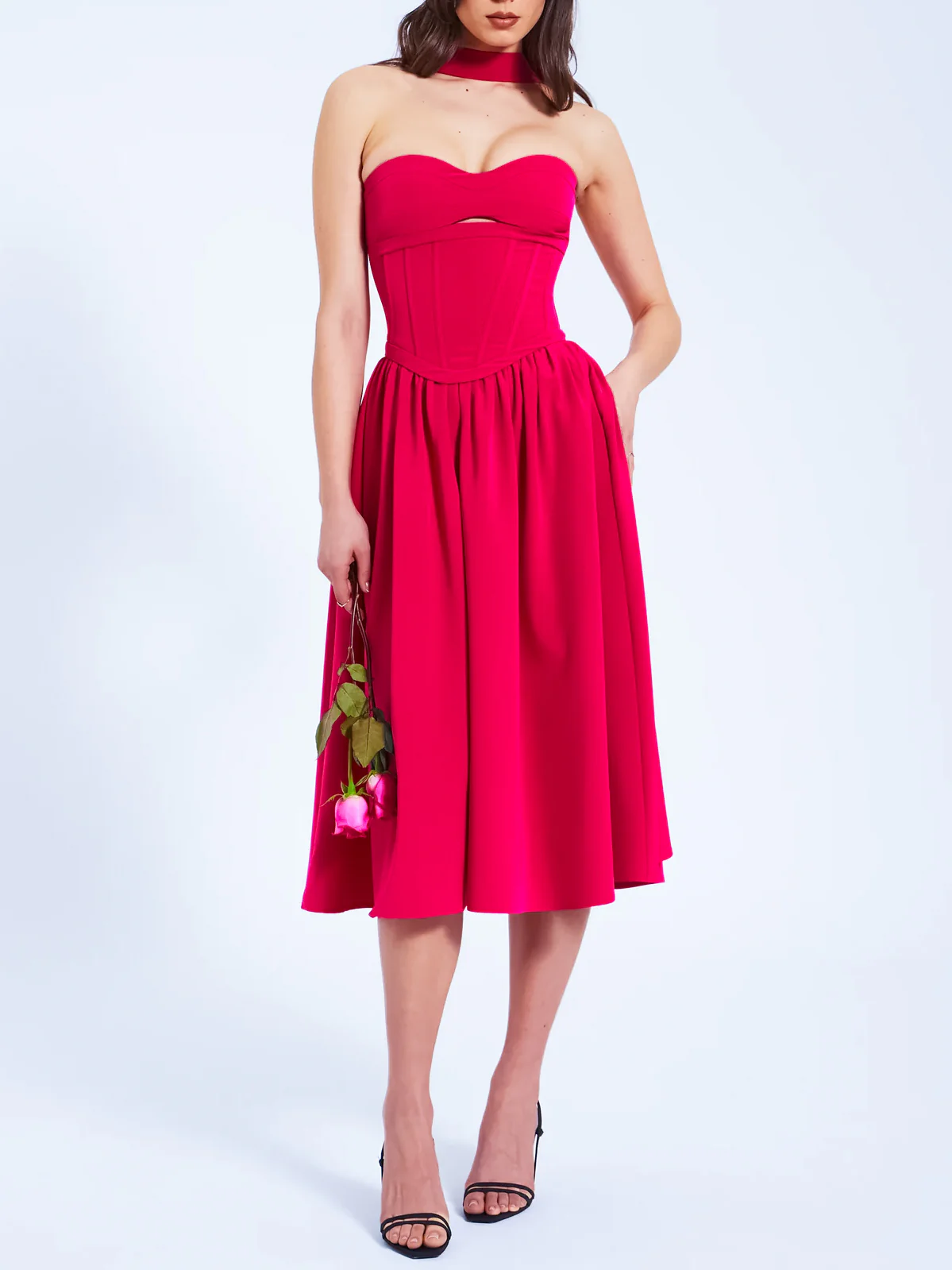 Aaliyah Fuchsia Halter Neck Corset Midi Sundress - Image 10