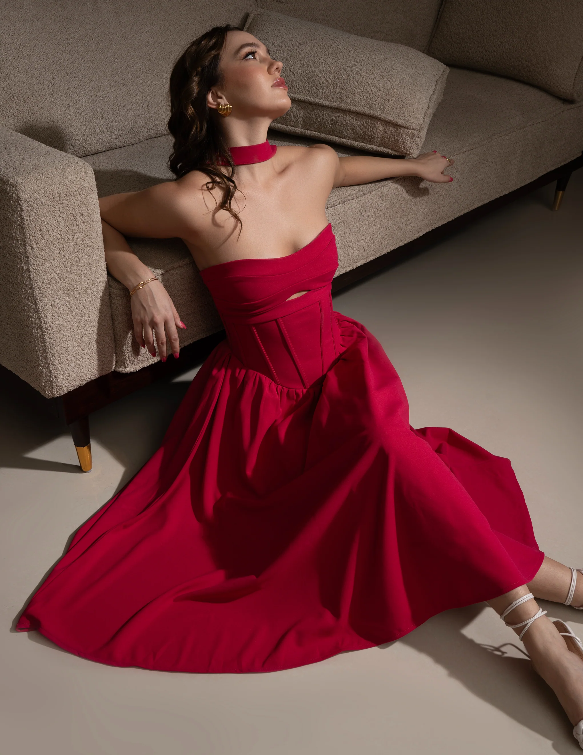 Aaliyah Fuchsia Halter Neck Corset Midi Sundress - Image 3