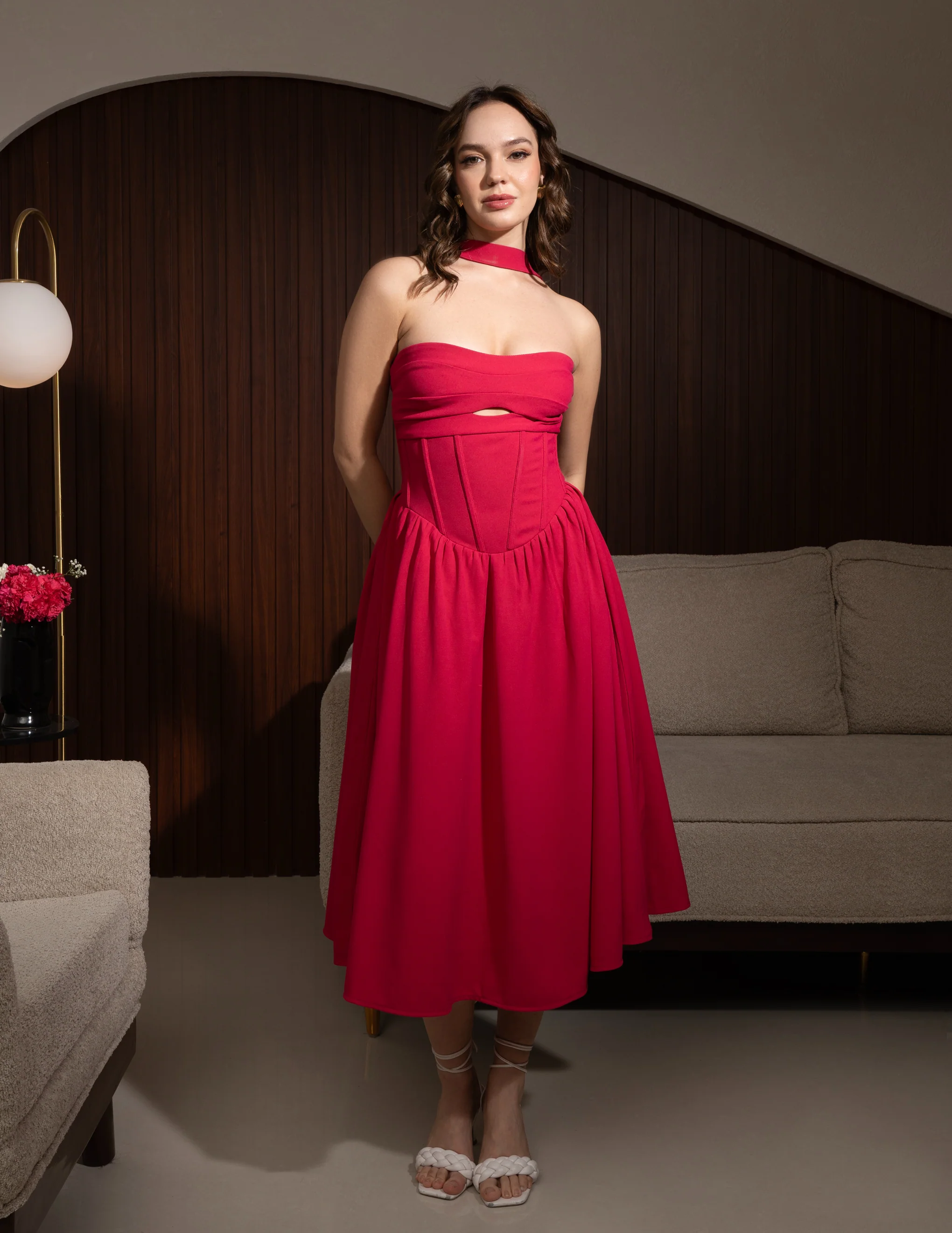 Aaliyah Fuchsia Halter Neck Corset Midi Sundress - Image 5