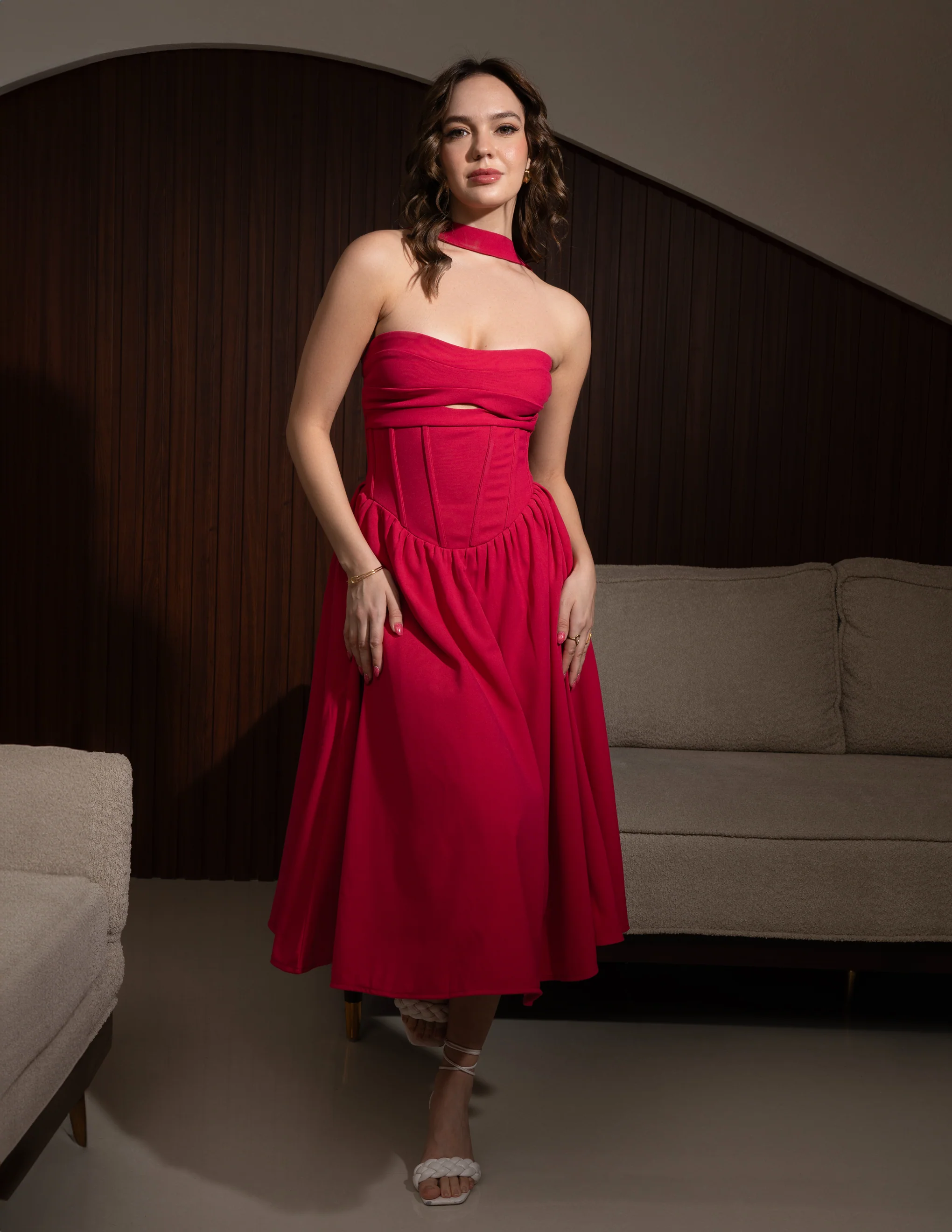 Aaliyah Fuchsia Halter Neck Corset Midi Sundress - Image 6