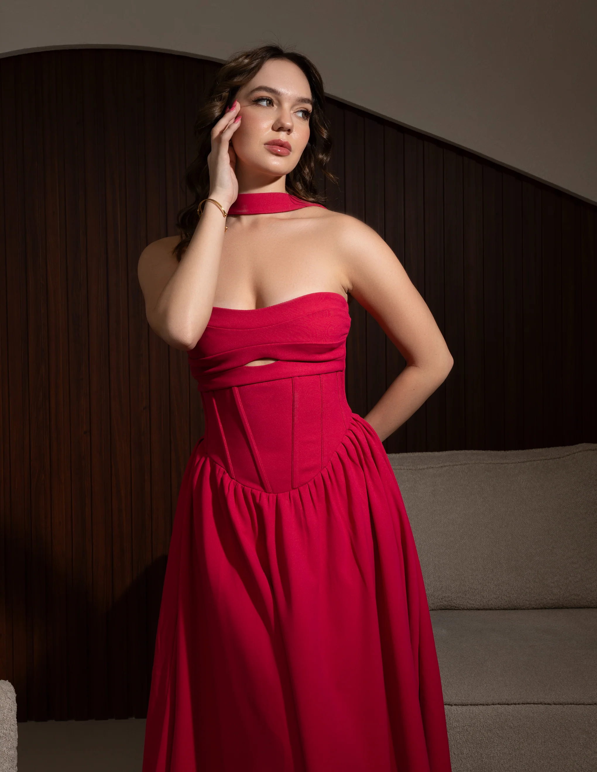 Aaliyah Fuchsia Halter Neck Corset Midi Sundress - Image 7