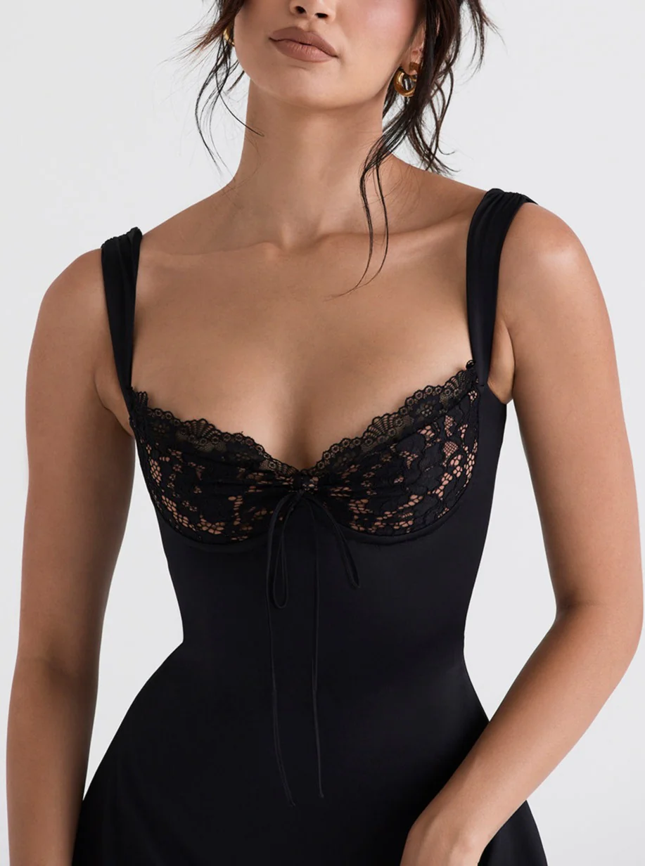 ADRIANA BLACK SATIN AND LACE MINI DRESS - Image 4
