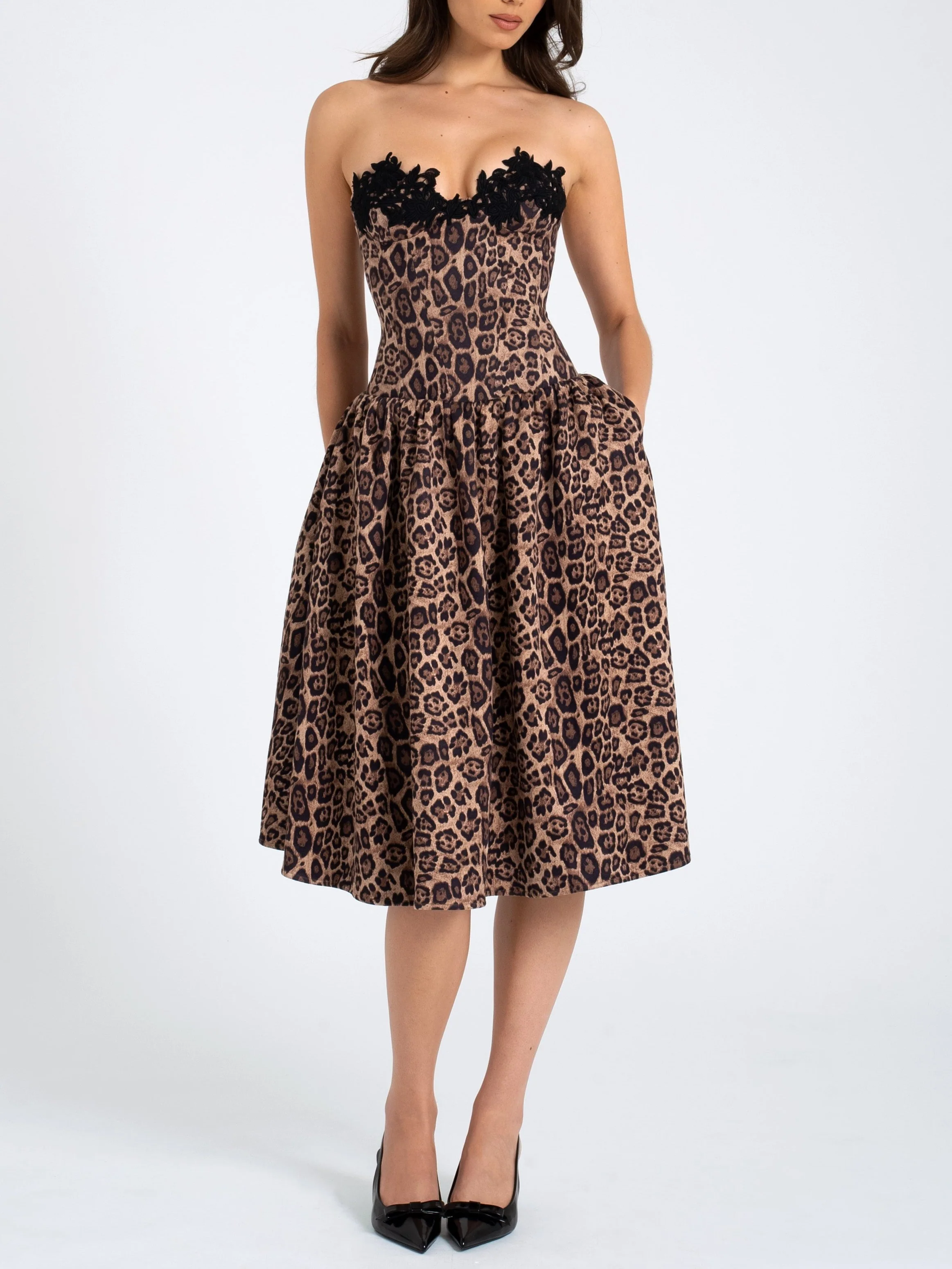 Agnia Cheetah Print Strapless Midi Dress with lace trim - Image 2