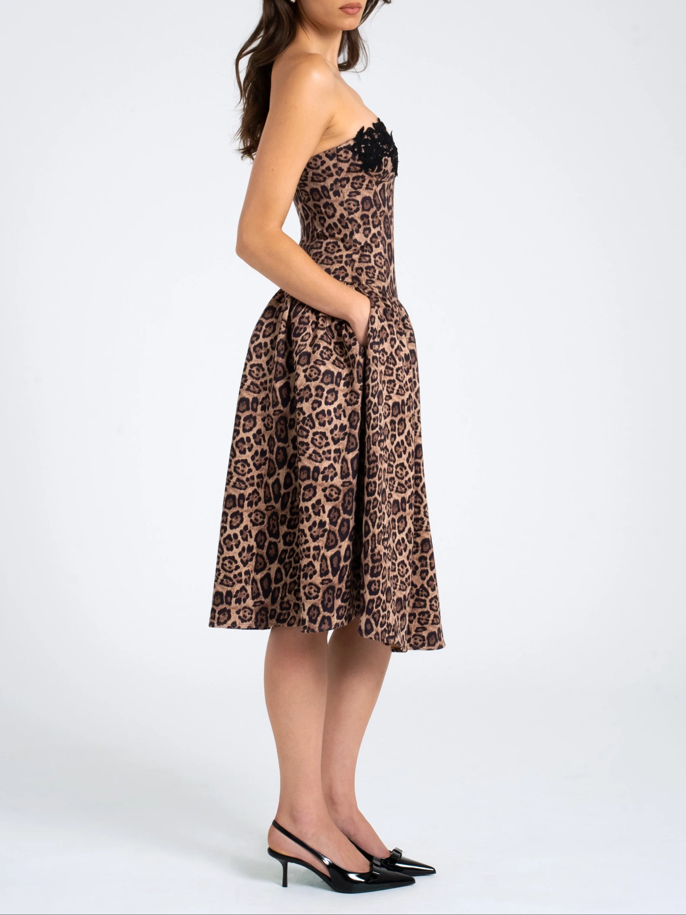 Agnia Cheetah Print Strapless Midi Dress with lace trim - Image 3