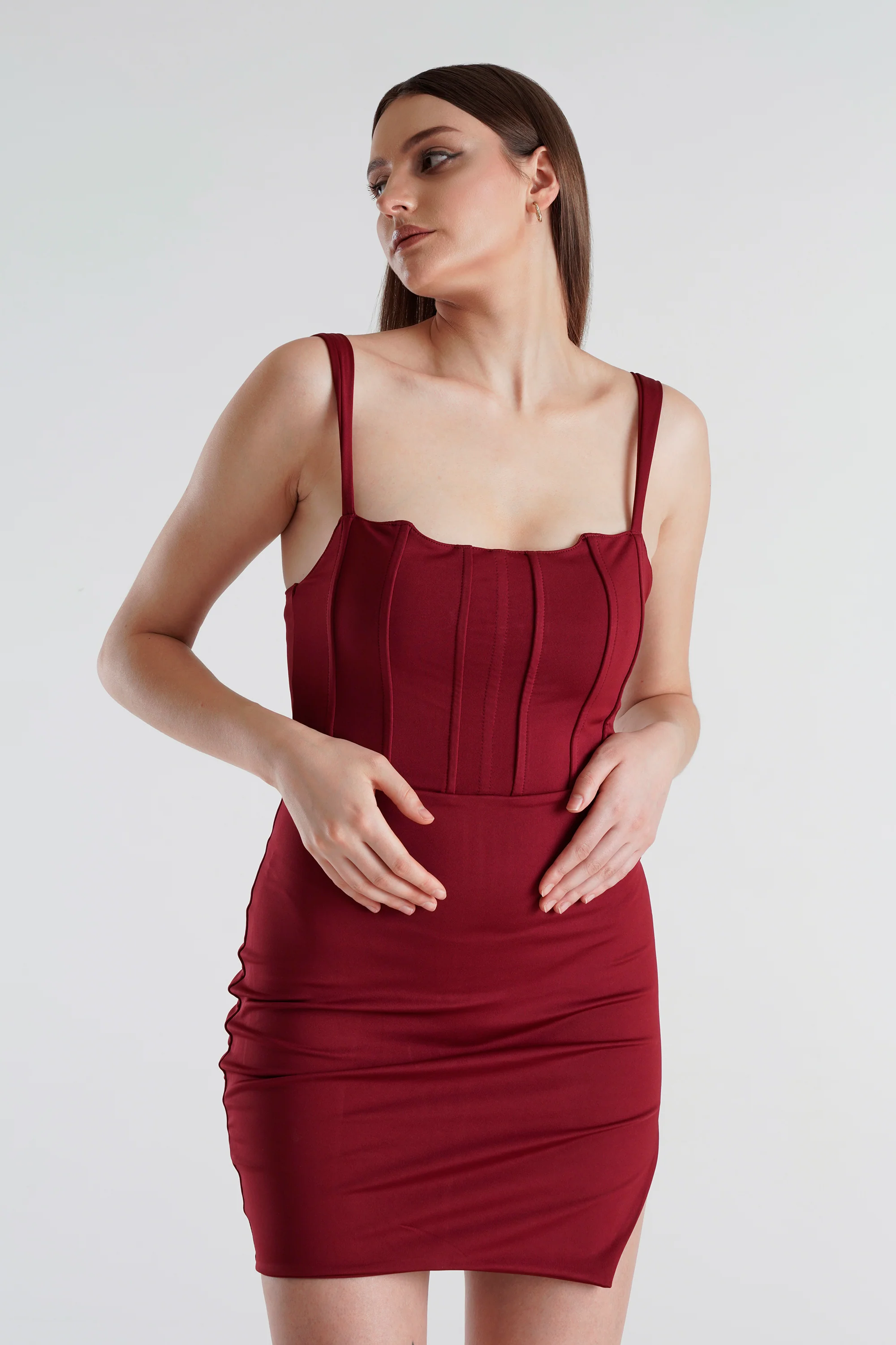 ALARA  Side Split Corset Mini Dress in Wine - Image 3