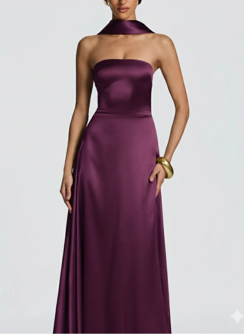Amalfi Satin Strapless Maxi Dress with Scarf - Green - Image 11