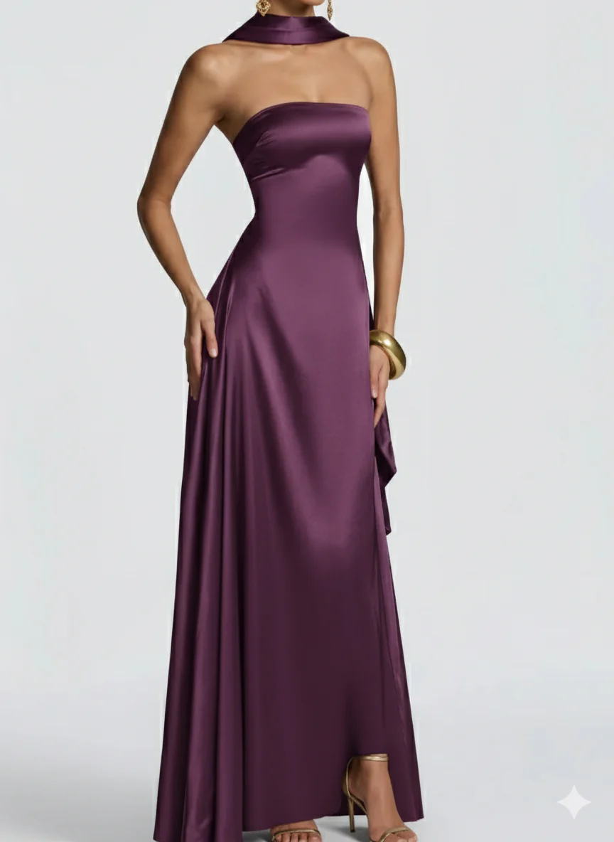 Amalfi Satin Strapless Maxi Dress with Scarf - Green - Image 12