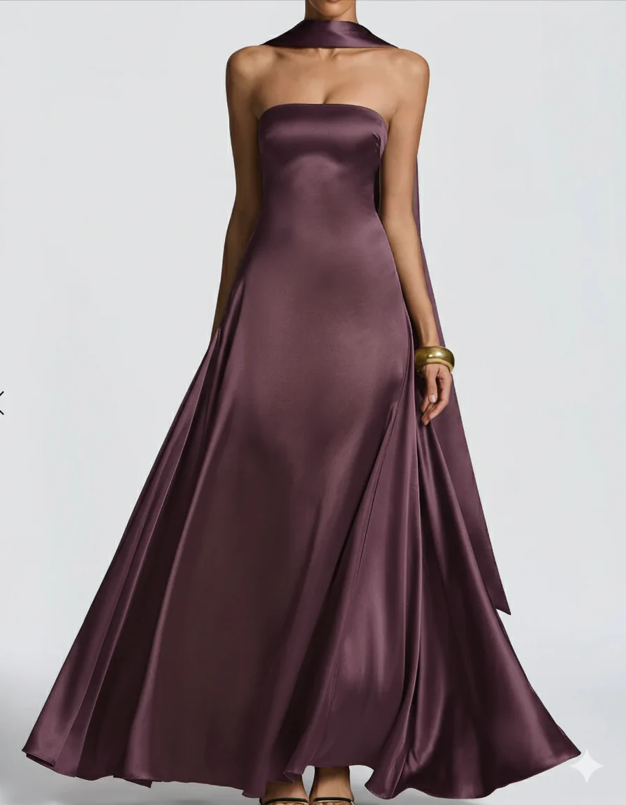 Amalfi Satin Strapless Maxi Dress with Scarf - Green - Image 13