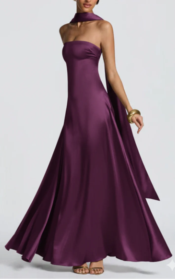 Amalfi Satin Strapless Maxi Dress with Scarf - Green - Image 15