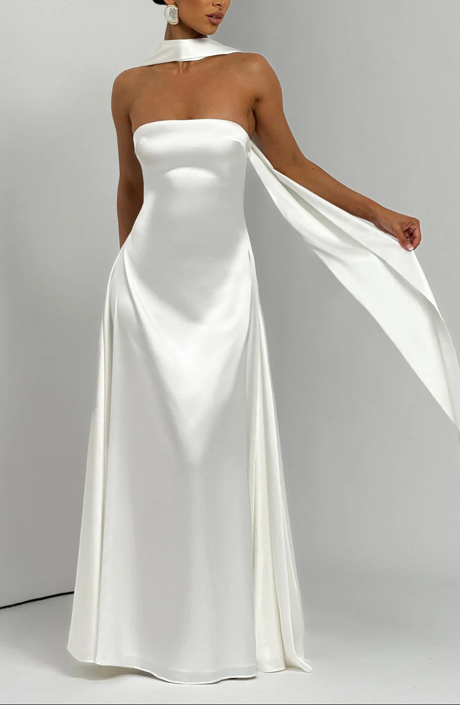 Amalfi Satin Strapless Maxi Dress with Scarf - Green - Image 21