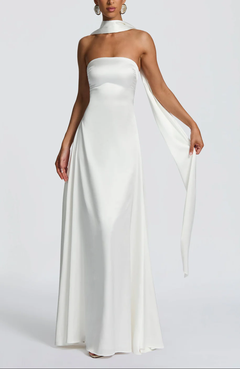 Amalfi Satin Strapless Maxi Dress with Scarf - Green - Image 24