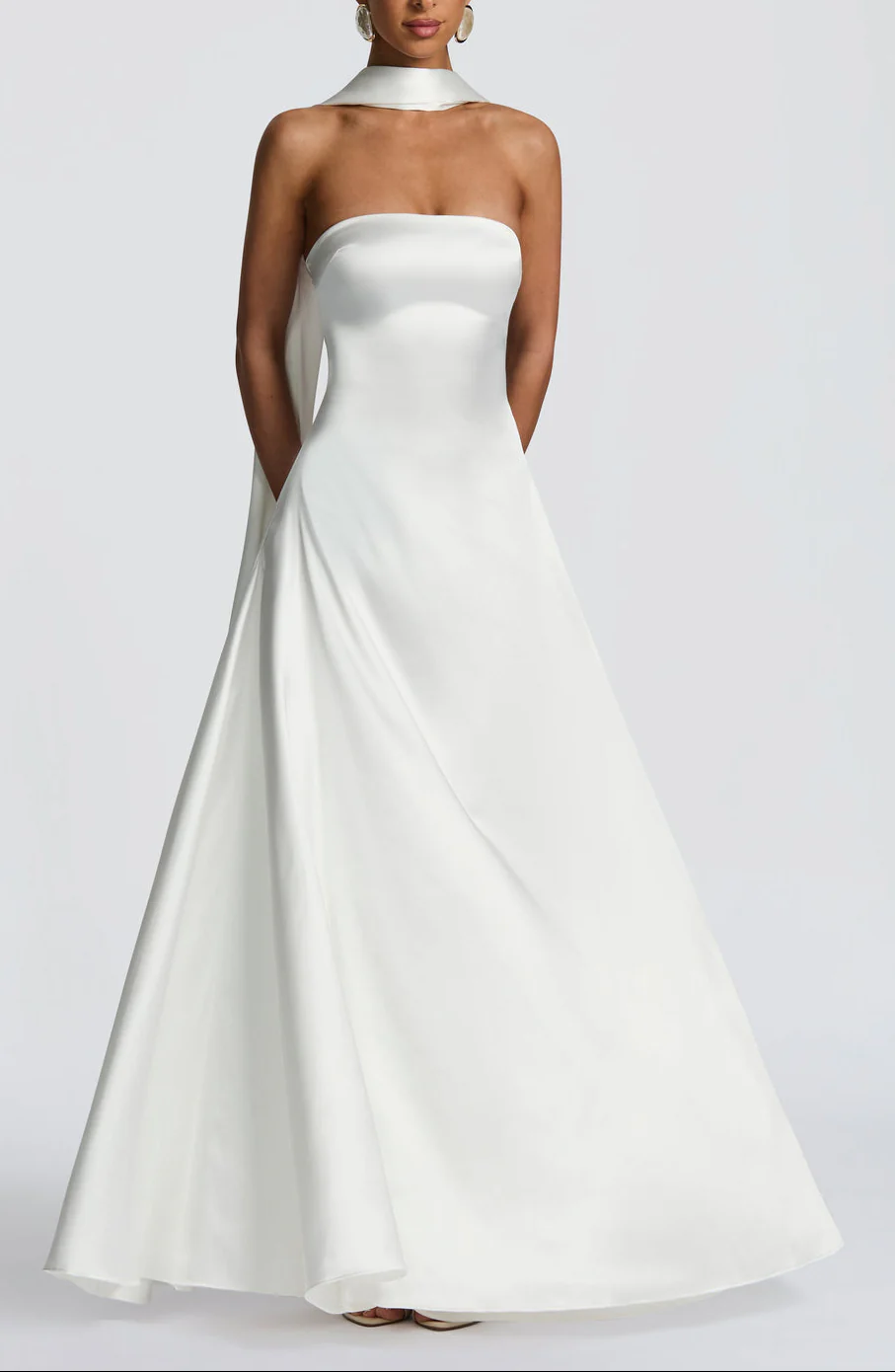 Amalfi Satin Strapless Maxi Dress with Scarf - Green - Image 25