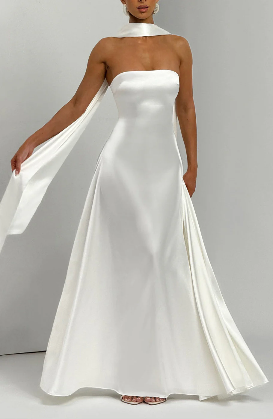 Amalfi Satin Strapless Maxi Dress with Scarf - Green - Image 27