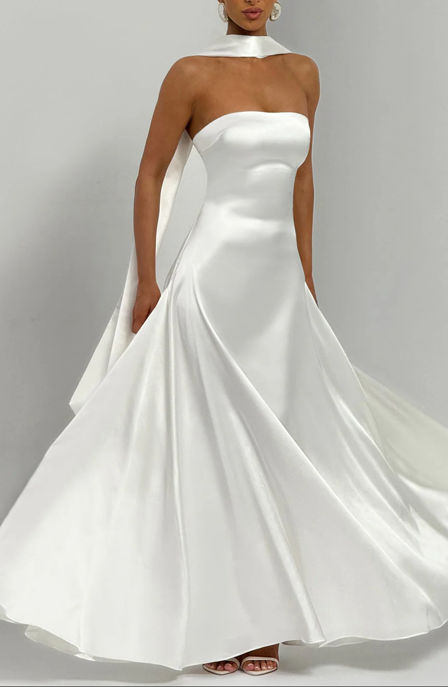 Amalfi Satin Strapless Maxi Dress with Scarf - Green - Image 28