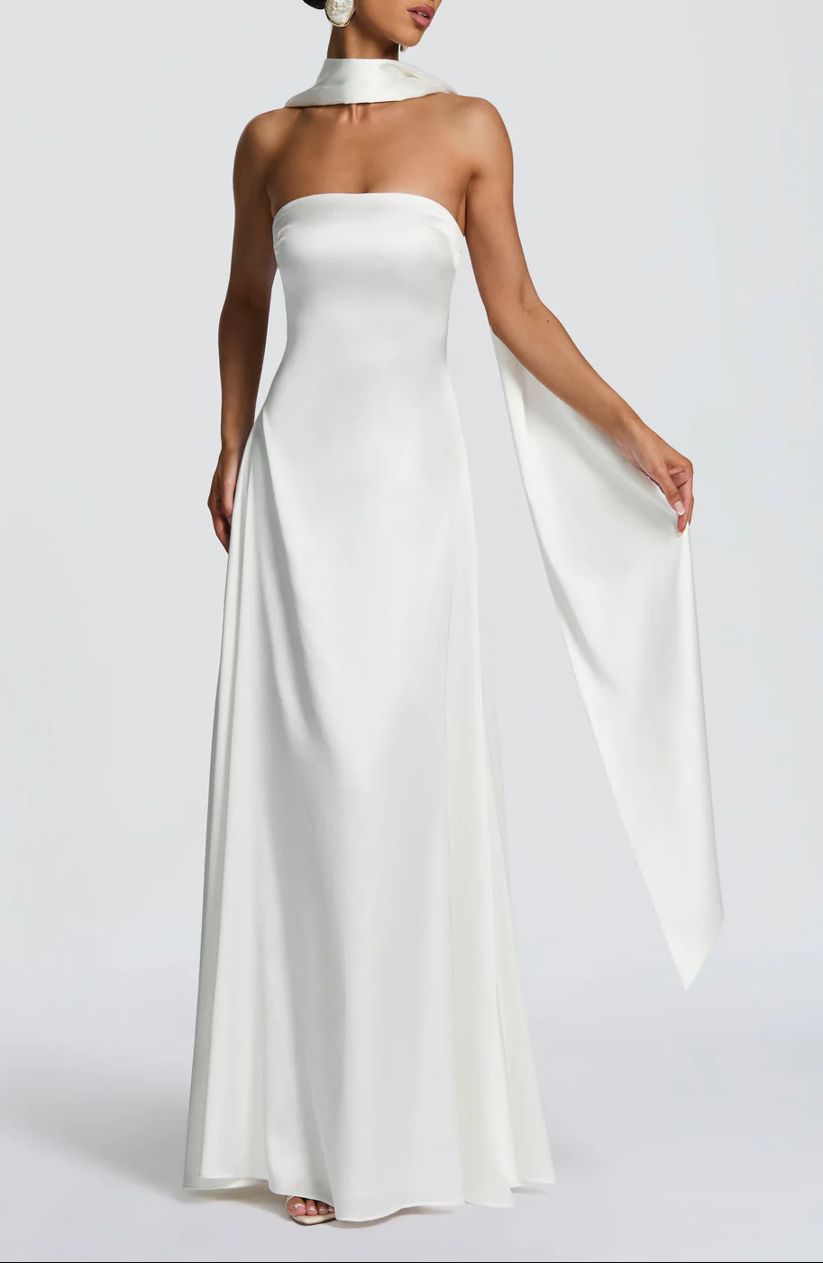 Amalfi Satin Strapless Maxi Dress with Scarf - Green - Image 30