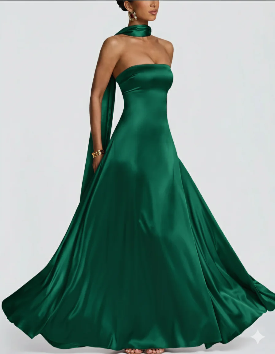Amalfi Satin Strapless Maxi Dress with Scarf - Green - Image 4