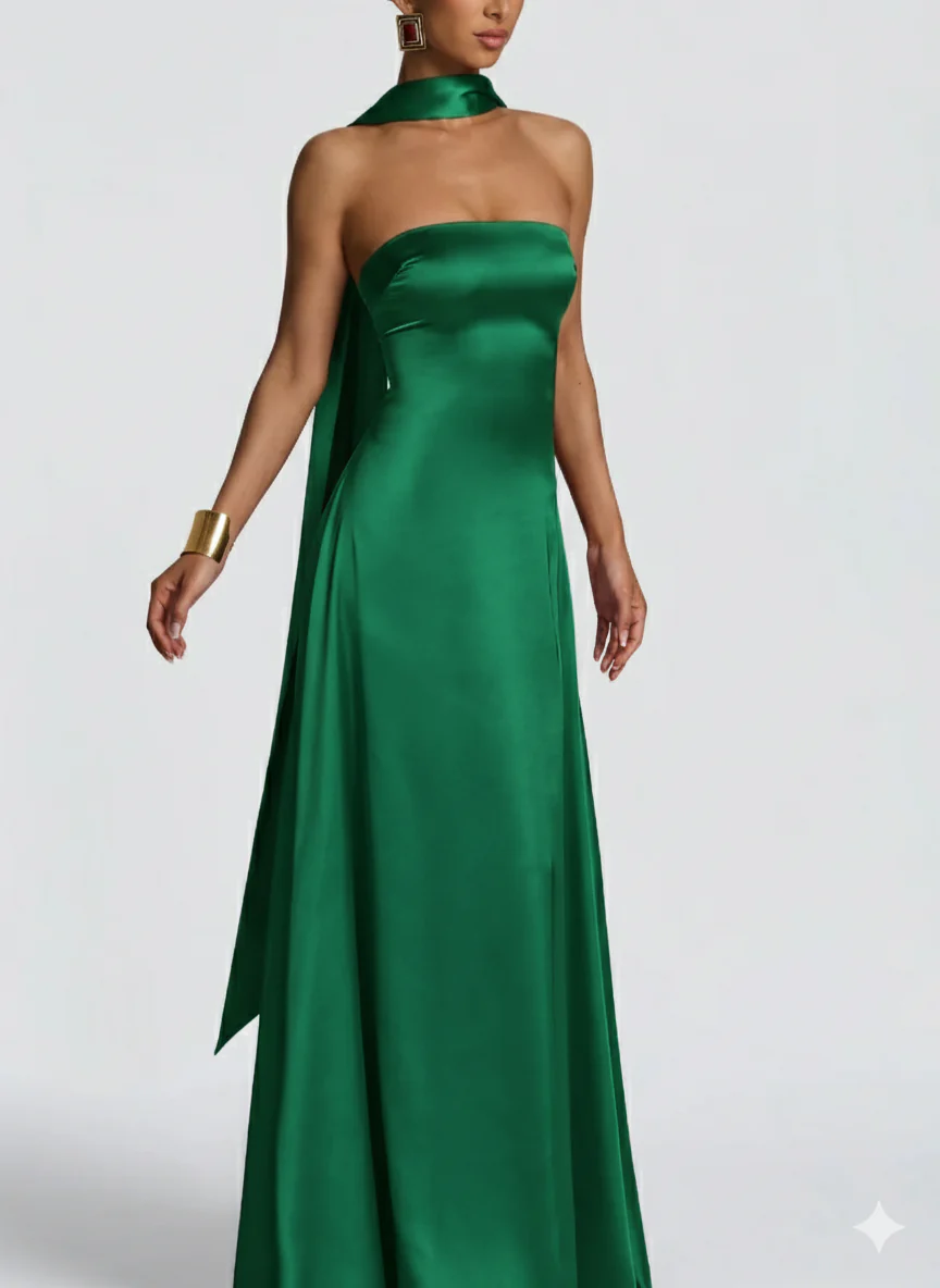 Amalfi Satin Strapless Maxi Dress with Scarf - Green - Image 5