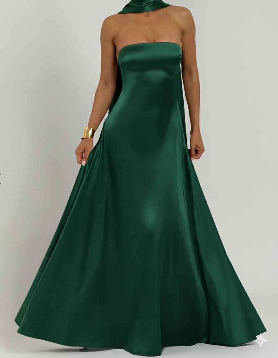 Amalfi Satin Strapless Maxi Dress with Scarf - Green - Image 6