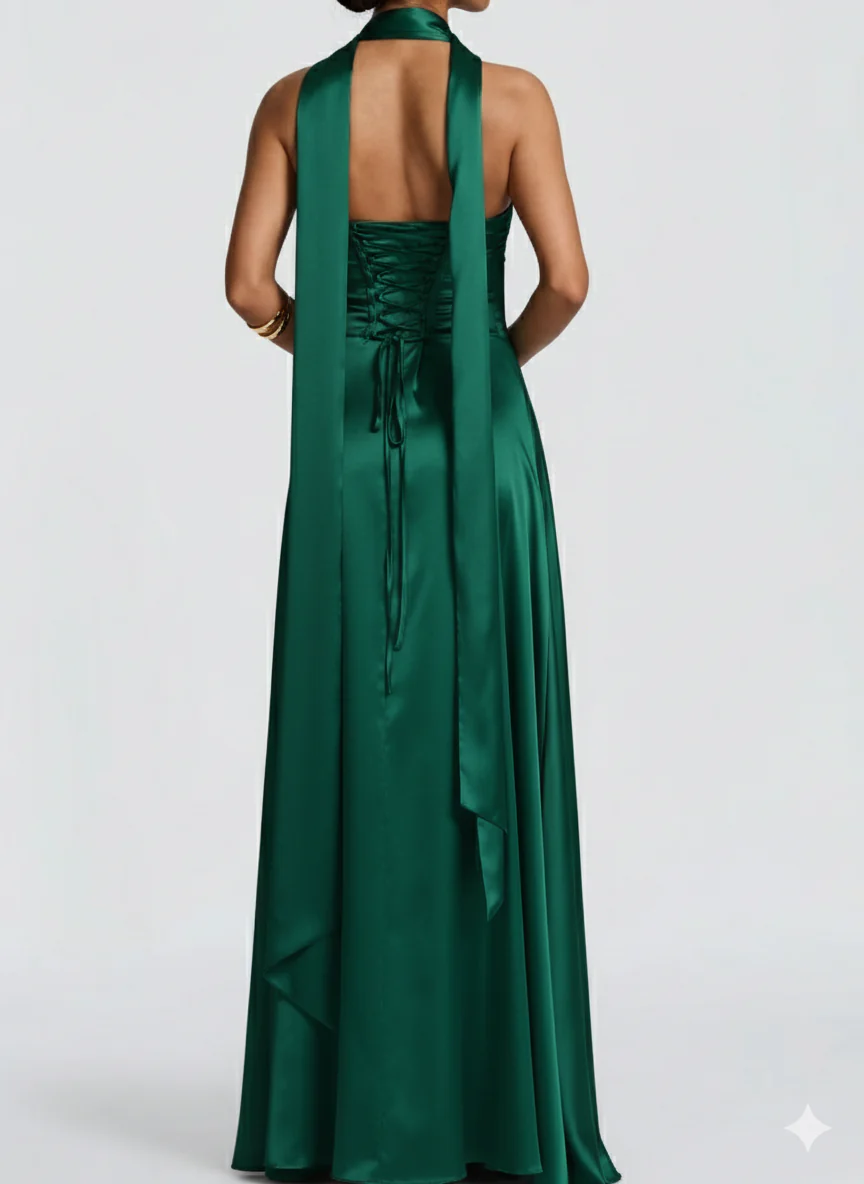 Amalfi Satin Strapless Maxi Dress with Scarf - Green - Image 7