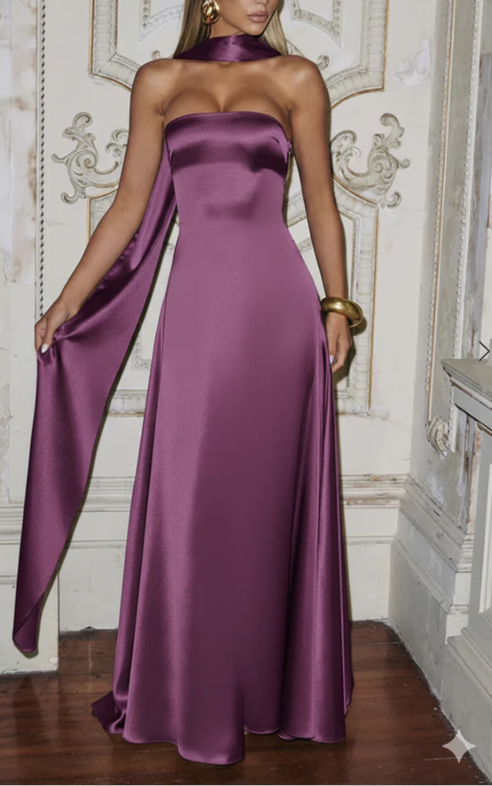 Amalfi Satin Strapless Maxi Dress with Scarf - Green - Image 8