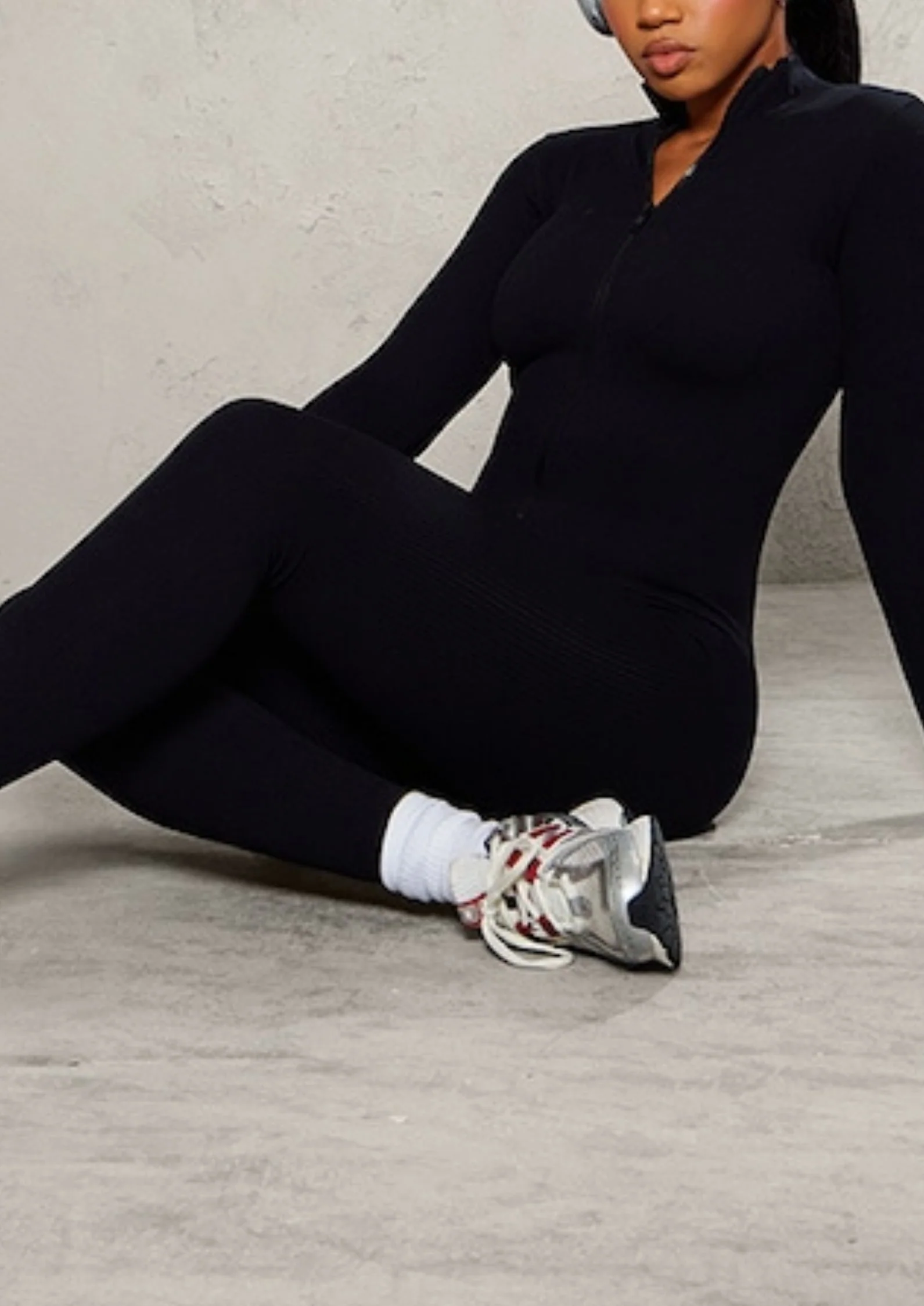 Amira Zip up Ribbed Jumpsuit in Black - Image 3