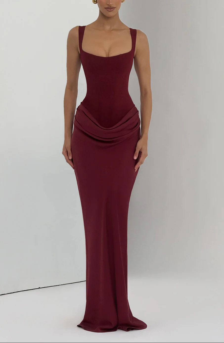 Anelina Satin Draped Maxi Gown In Maroon - Image 3