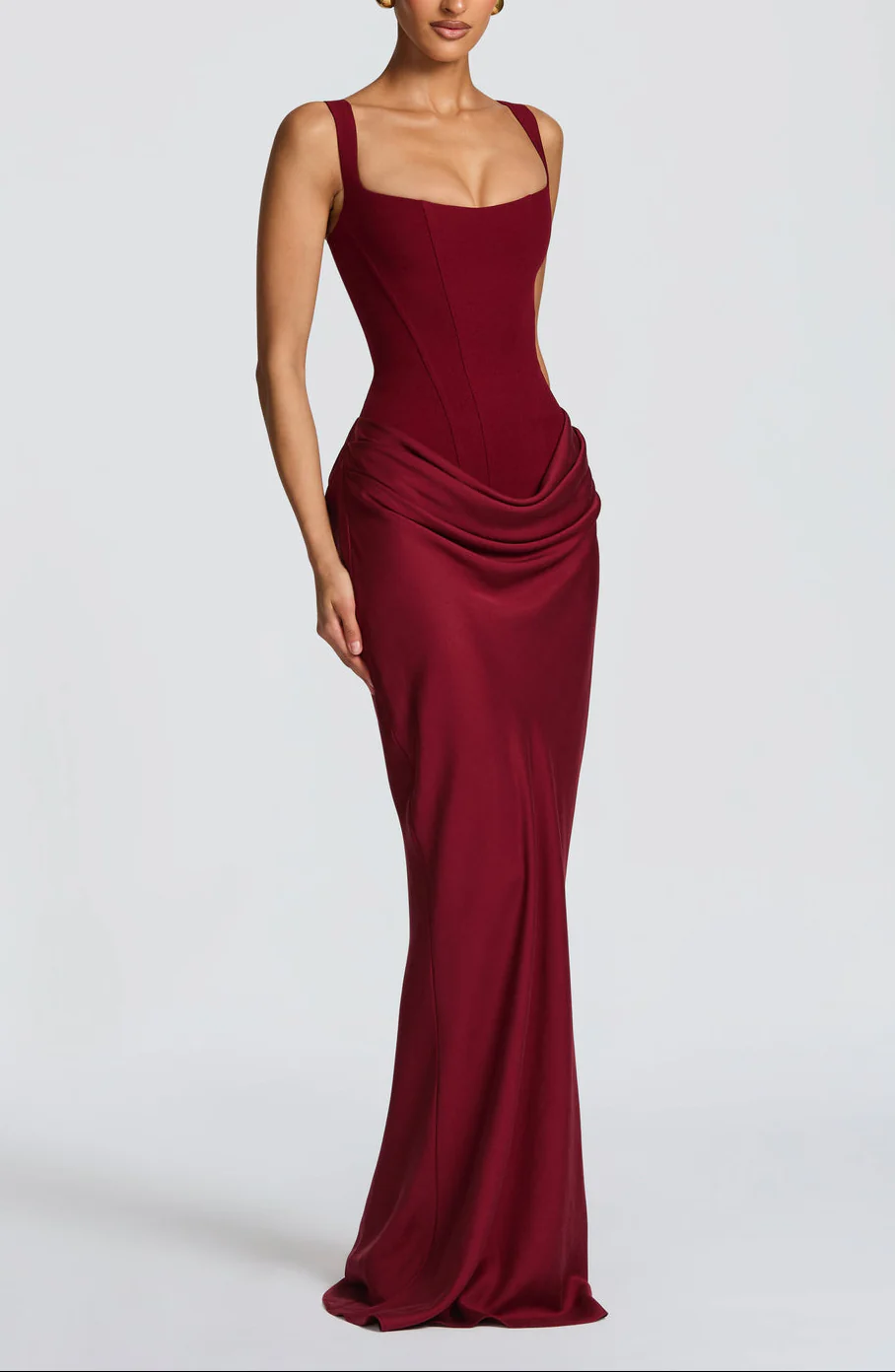 Anelina Satin Draped Maxi Gown In Maroon - Image 4