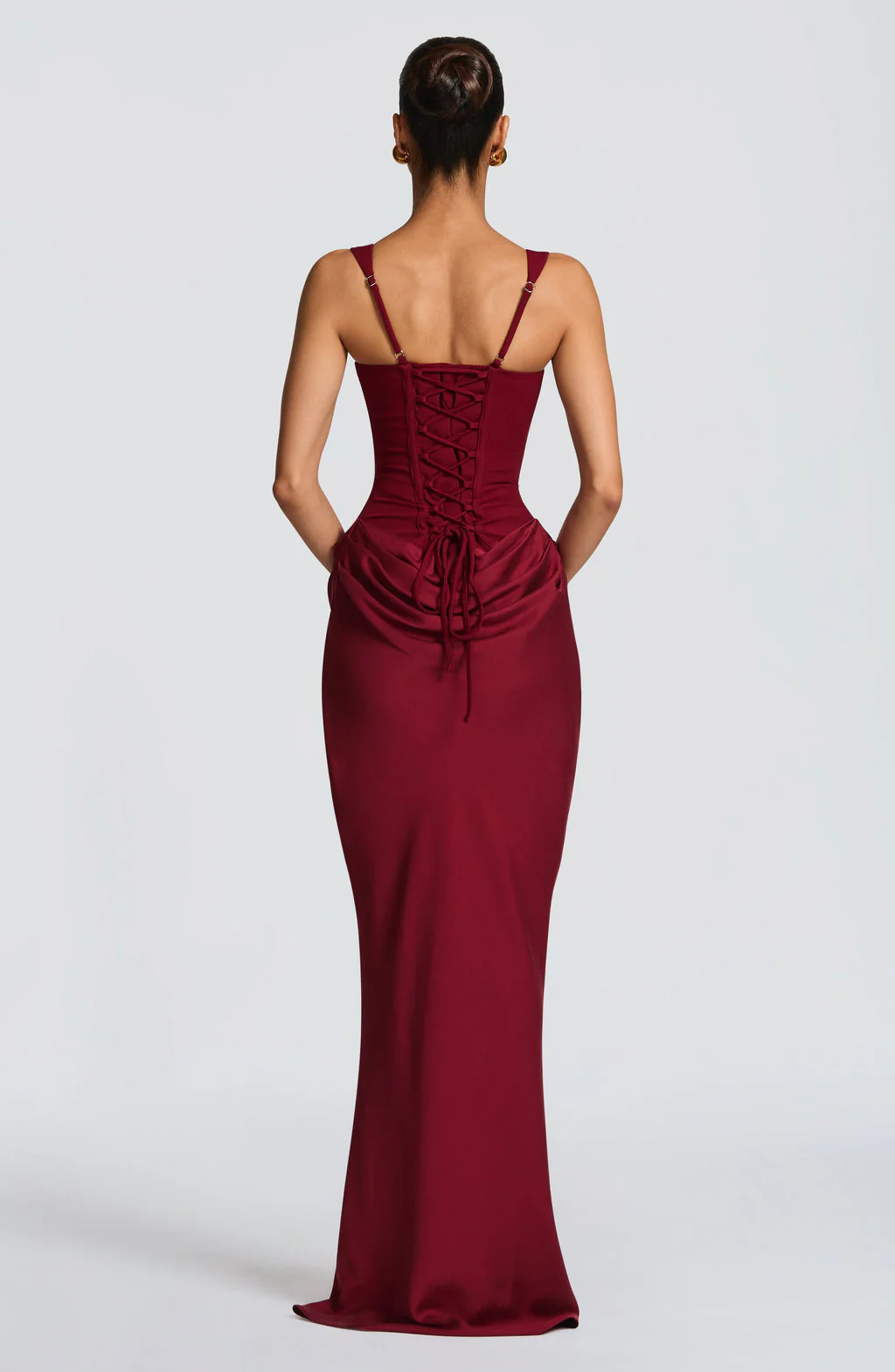 Anelina Satin Draped Maxi Gown In Maroon - Image 6