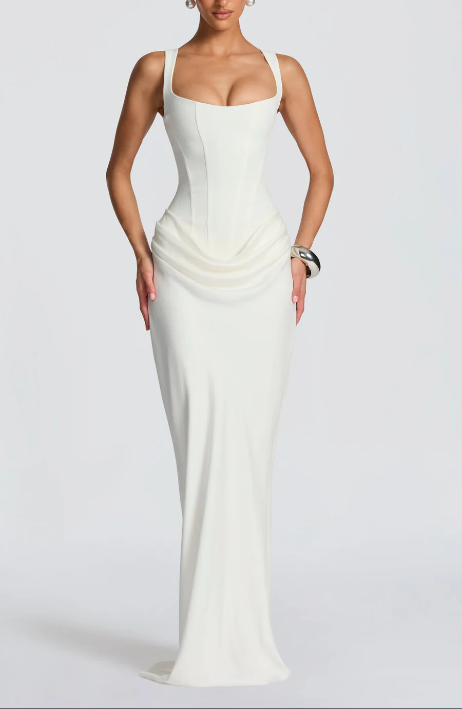 Anelina Satin Draped Maxi Gown in White - Image 3