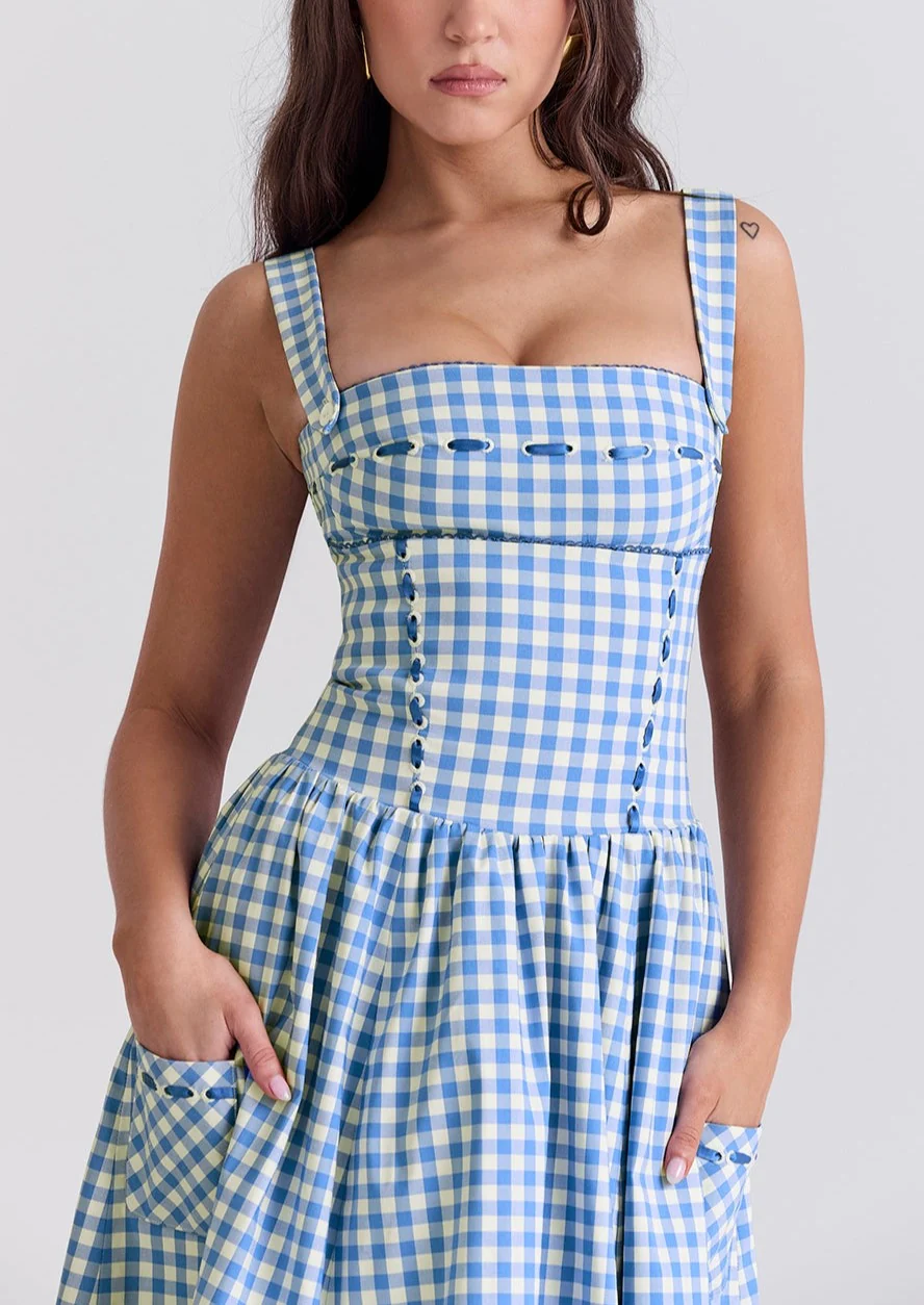 ANIAH BLUE GINGHAM MIDI SUNDRESS - Image 9