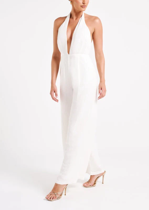 Annika Linen Halter Jumpsuit in White - Image 3