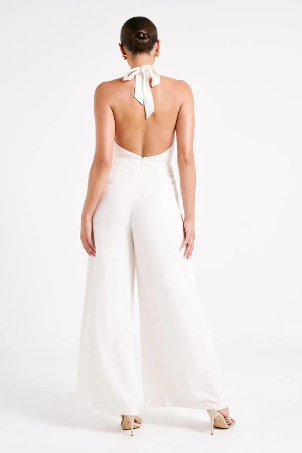Annika Linen Halter Jumpsuit in White - Image 4
