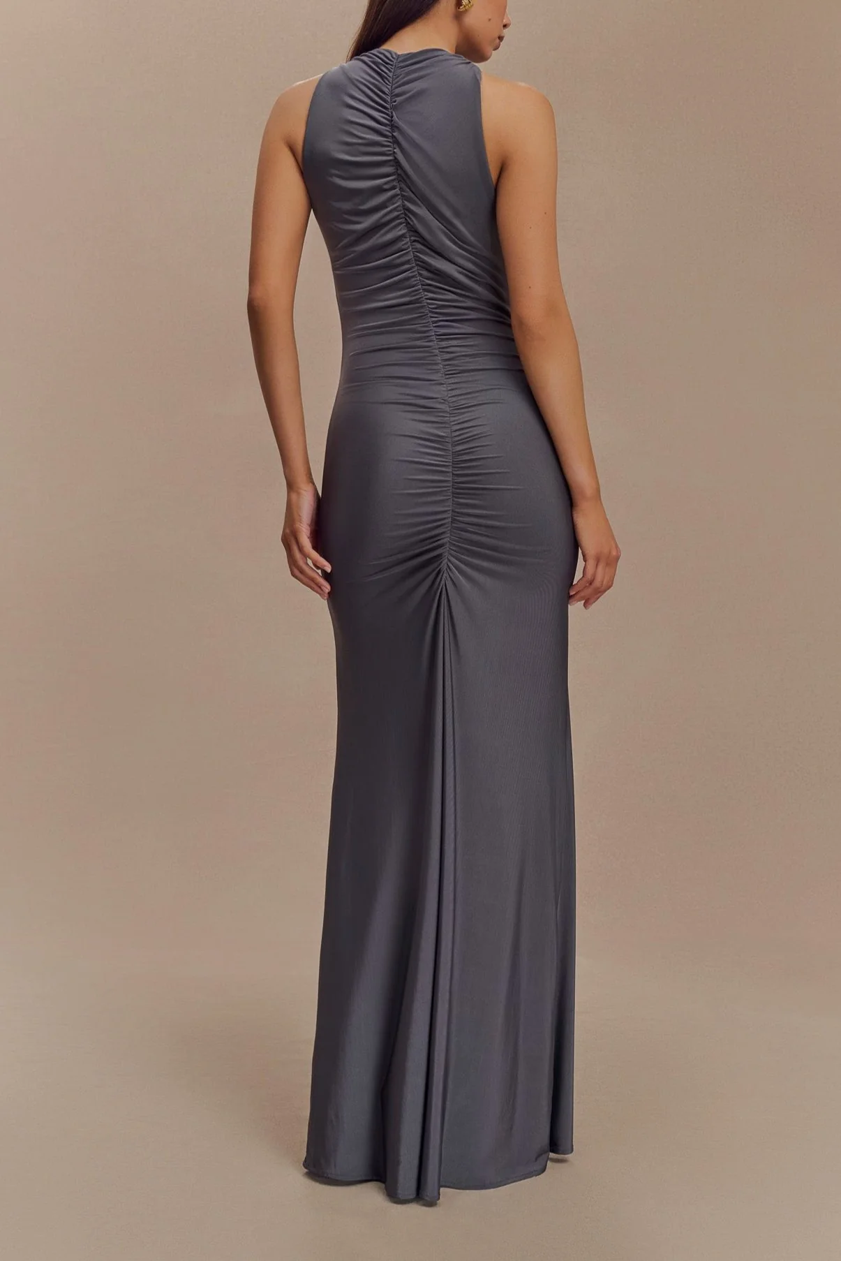 Anya Slinky Ruched Halter Maxi Dress in Charcoal - Image 3