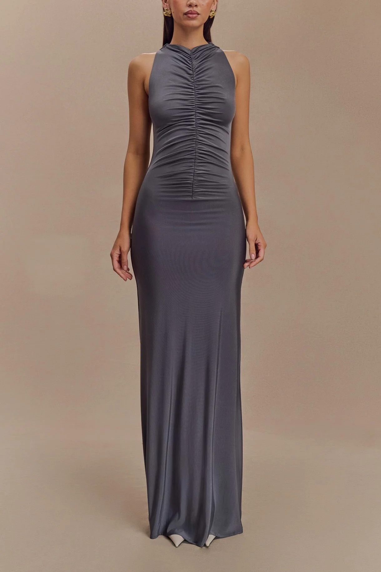Anya Slinky Ruched Halter Maxi Dress in Charcoal - Image 5