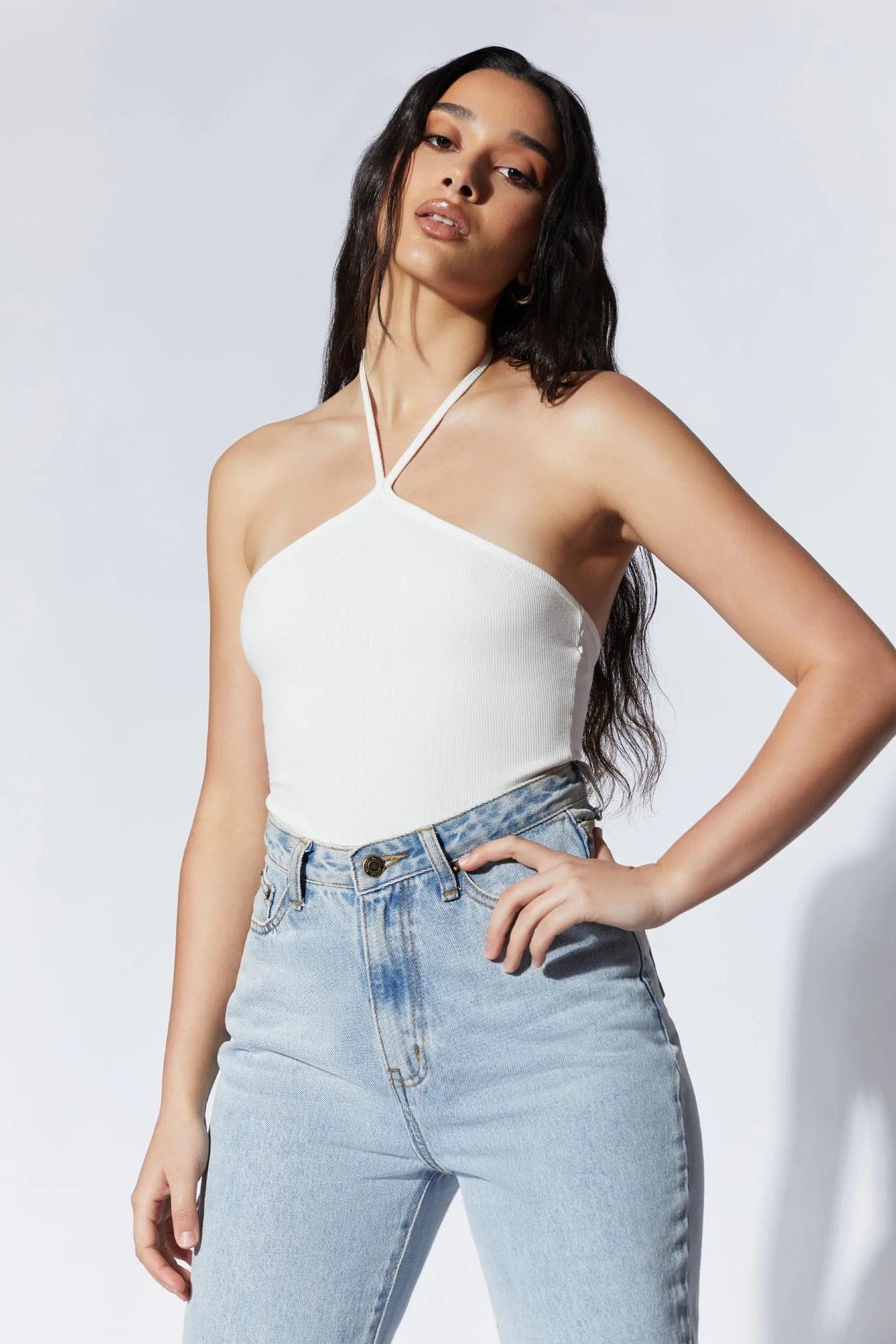 ARDEN Halter Neck Ribbed Bodysuit in white - Image 4