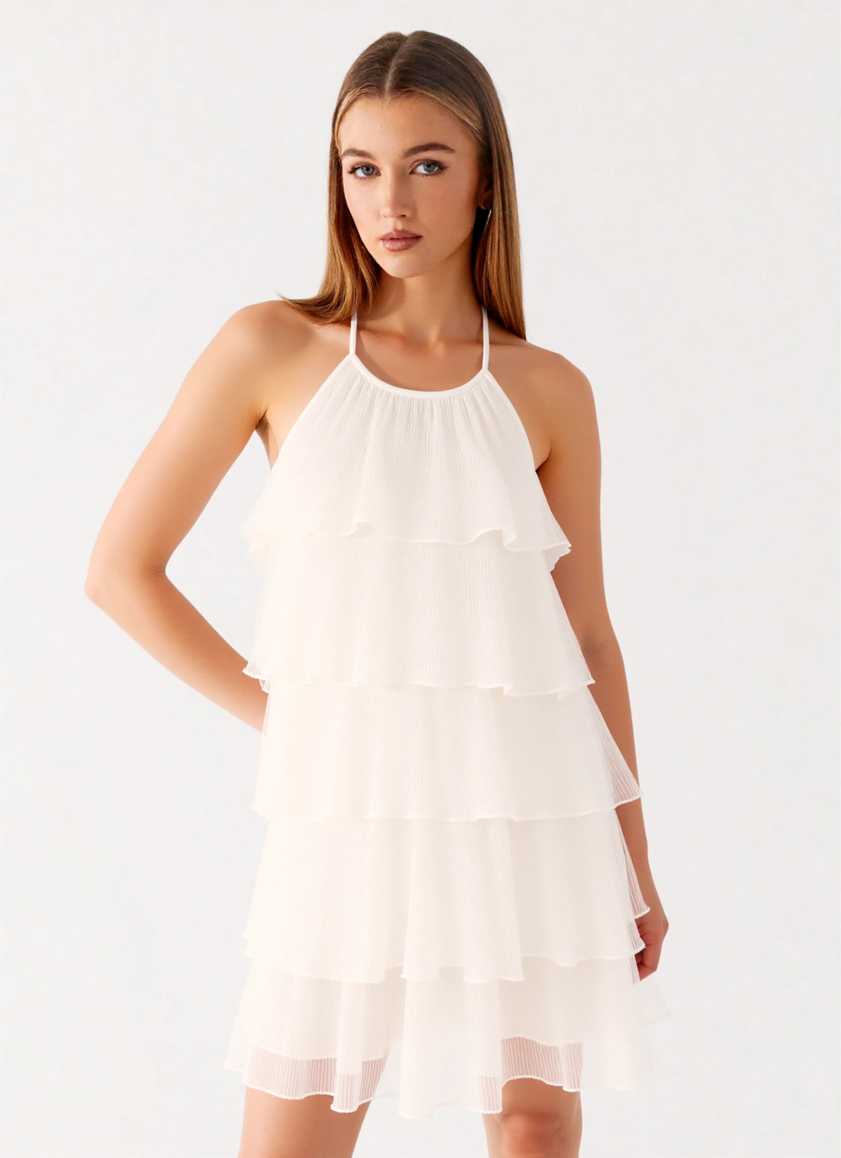 Azaria Halter Dress With Ruffles in White - Image 4