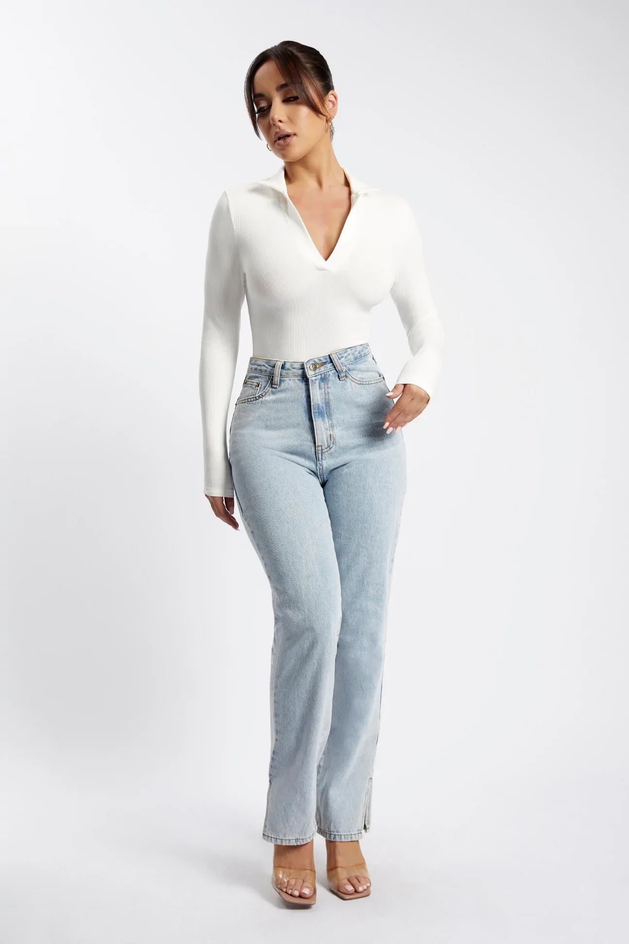 BELLE Long Sleeve Collar Bodysuit in White