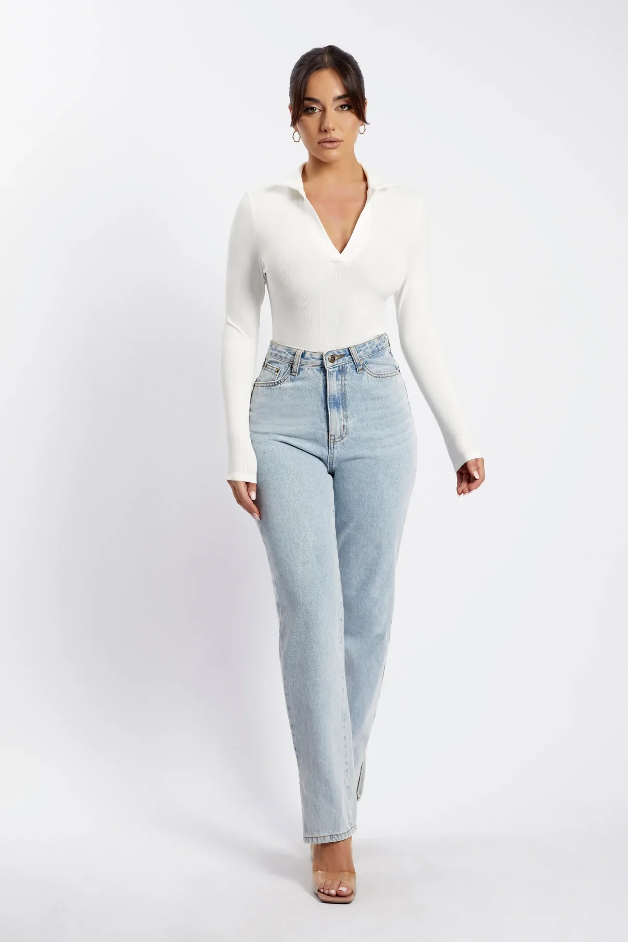 BELLE Long Sleeve Collar Bodysuit in White - Image 3