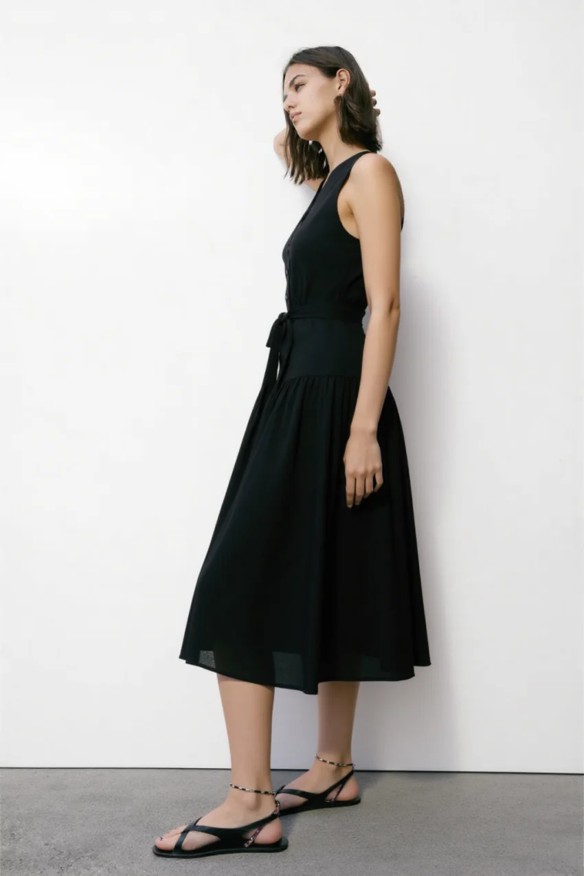 Bera Belt linen midi dress in Black - Image 3