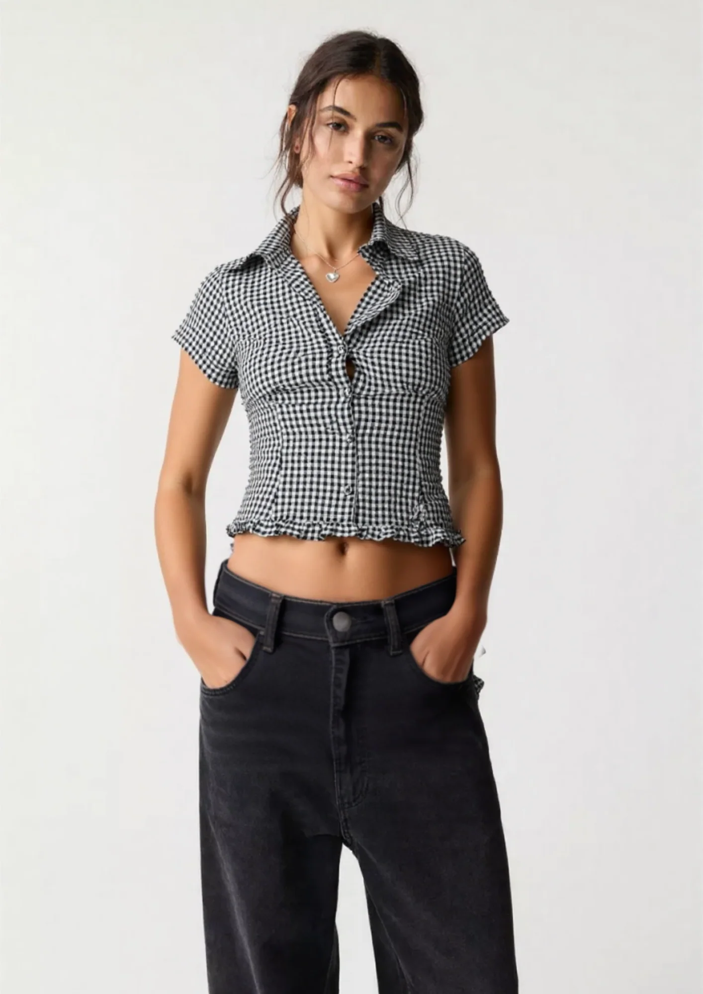 Bexley shirred puff sleeve top in ghingam print - Image 2