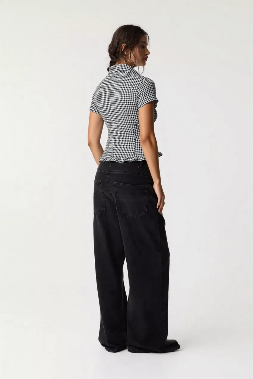 Bexley shirred puff sleeve top in ghingam print - Image 4