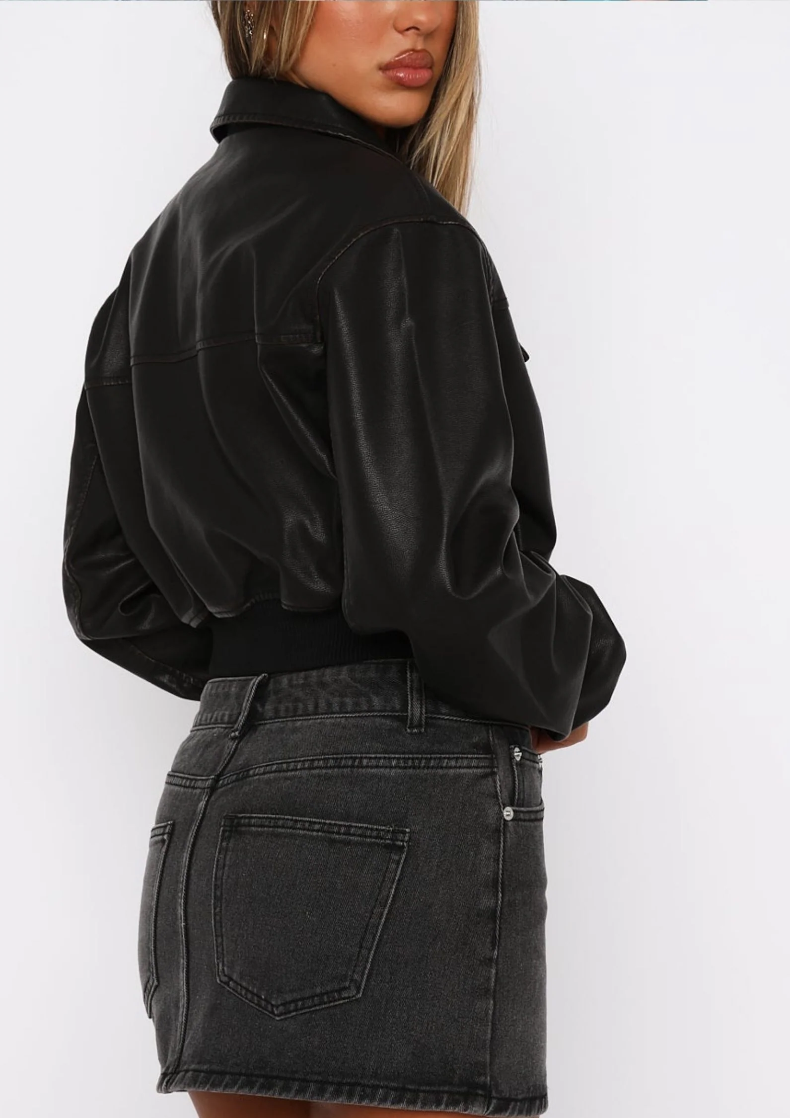 Callie Nights PU Bomber Jacket in Black - Image 3