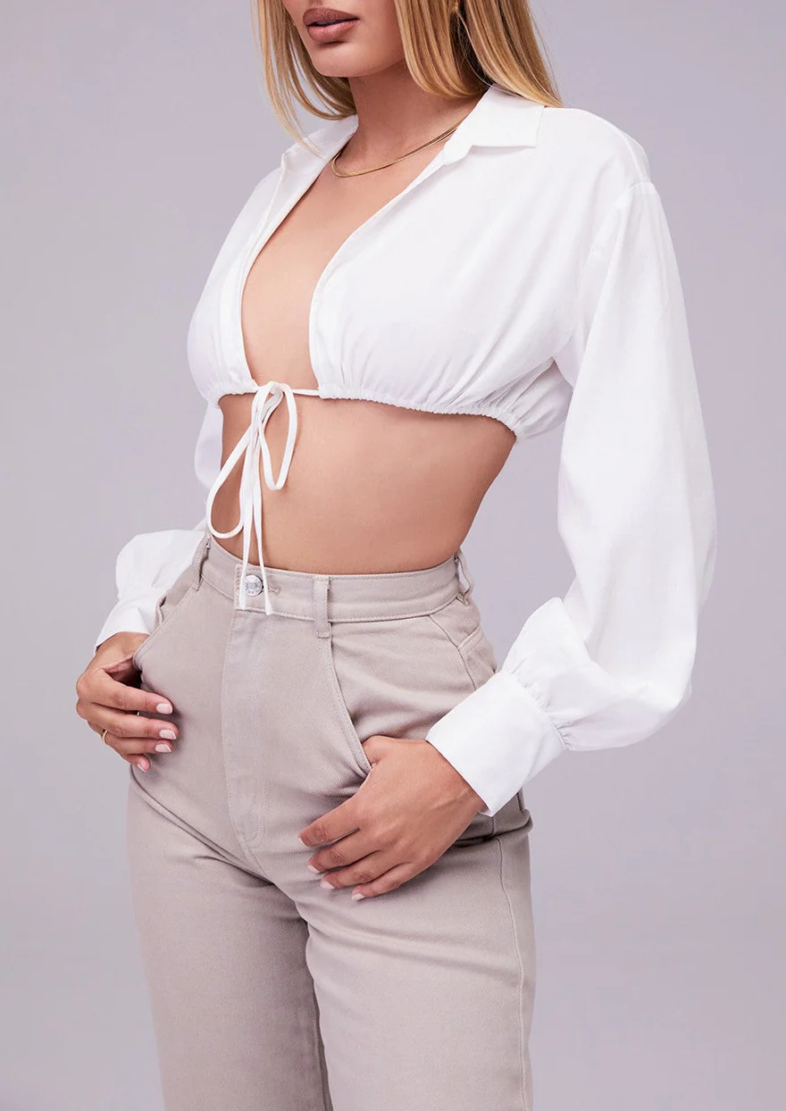 CELESTE WHITE BALLOON SLEEVE CROPPED SHIRT - Image 2