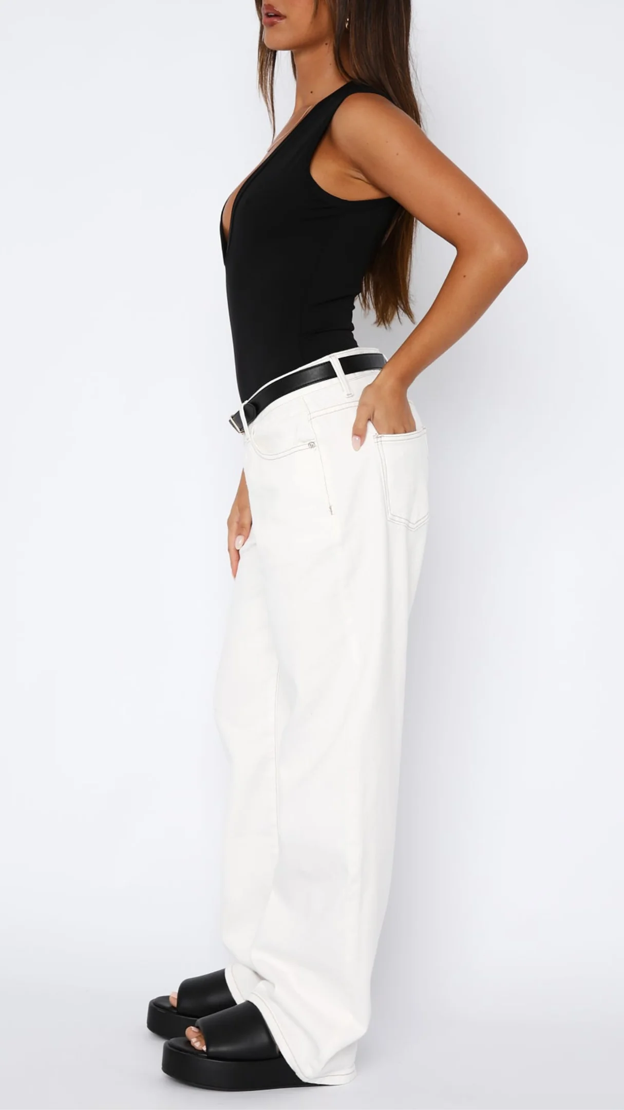 Claudia Style Low Rise Wide Leg Jeans in Black Acid Wash - Image 16
