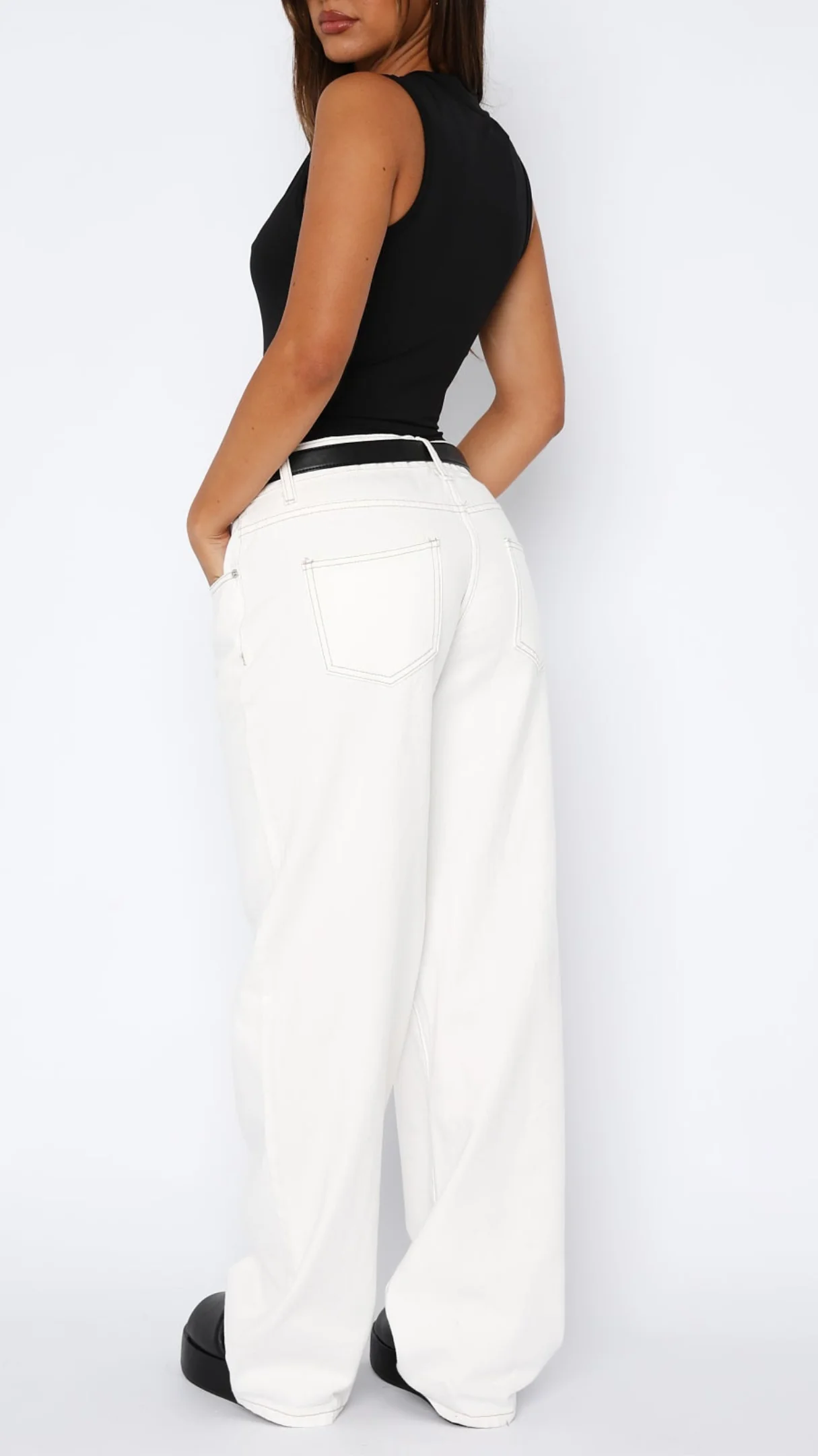 Claudia Style Low Rise Wide Leg Jeans in Black Acid Wash - Image 17
