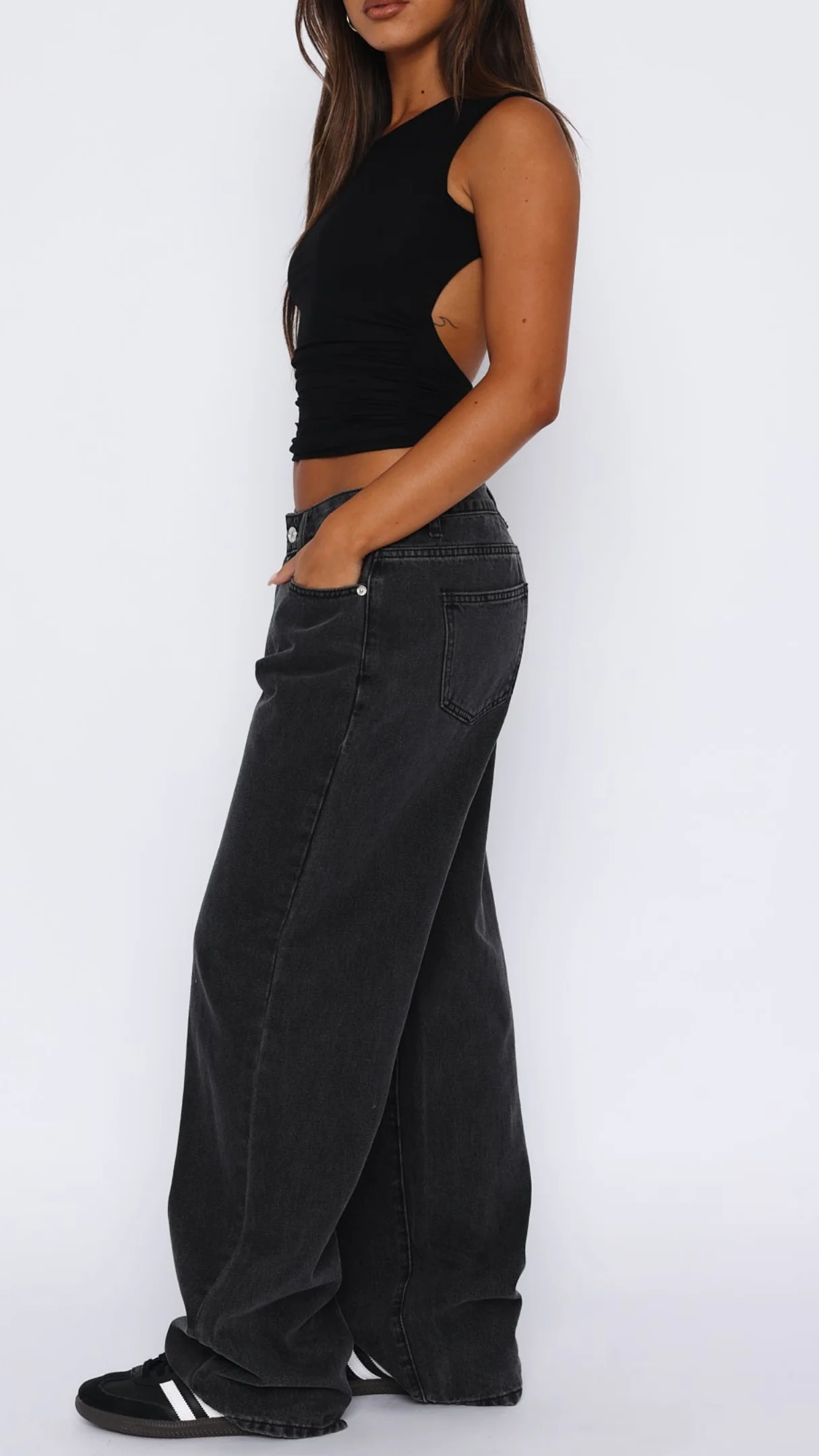 Claudia Style Low Rise Wide Leg Jeans in Black Acid Wash - Image 3