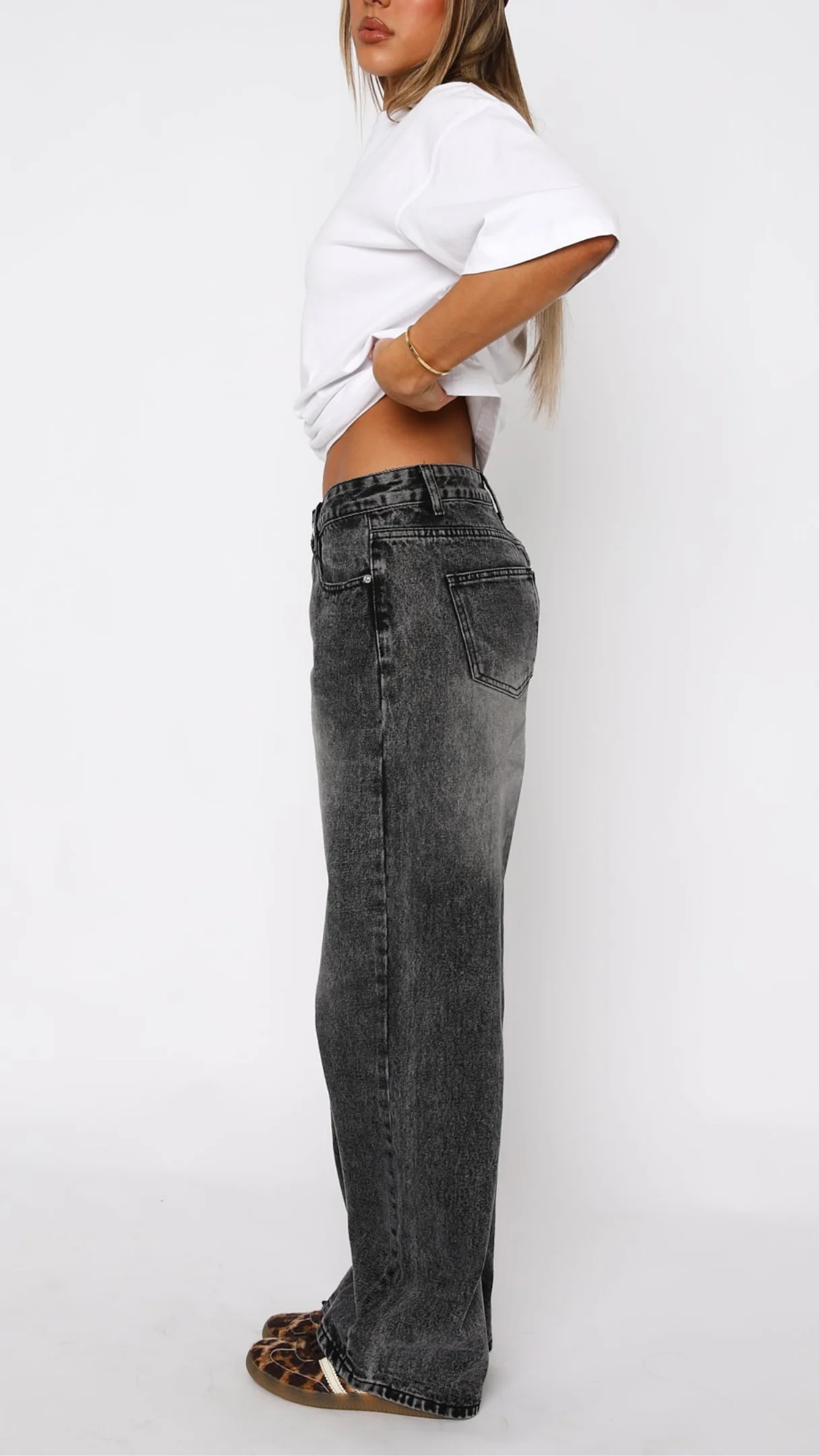 Claudia Style Low Rise Wide Leg Jeans in Black Acid Wash - Image 7