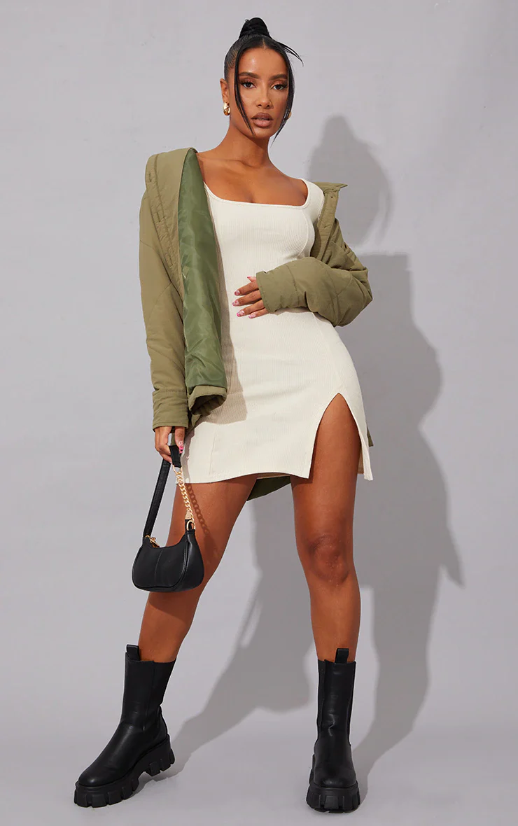 CREAM RIB SPLIT HEM SQUARE NECK LONG SLEEVE BODYCON DRESS - Image 2
