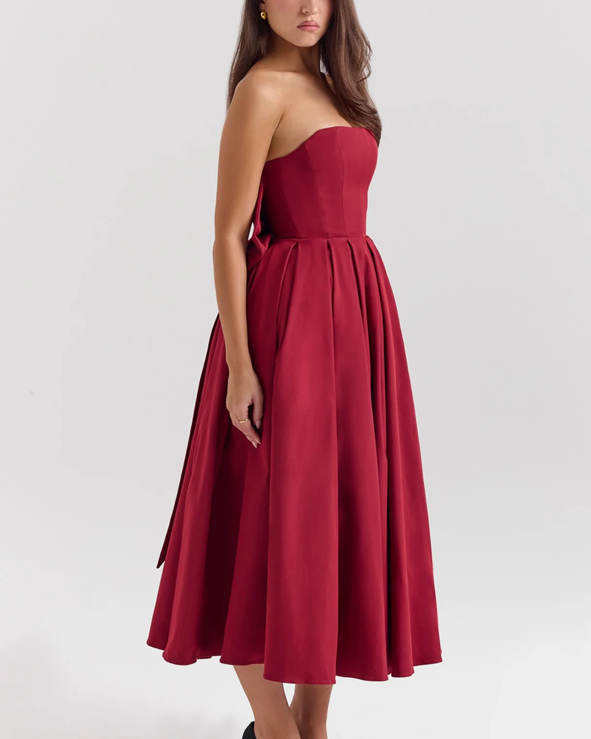 Dalia Strapless Detachable Bow Midi Dress in Maroon - Image 3