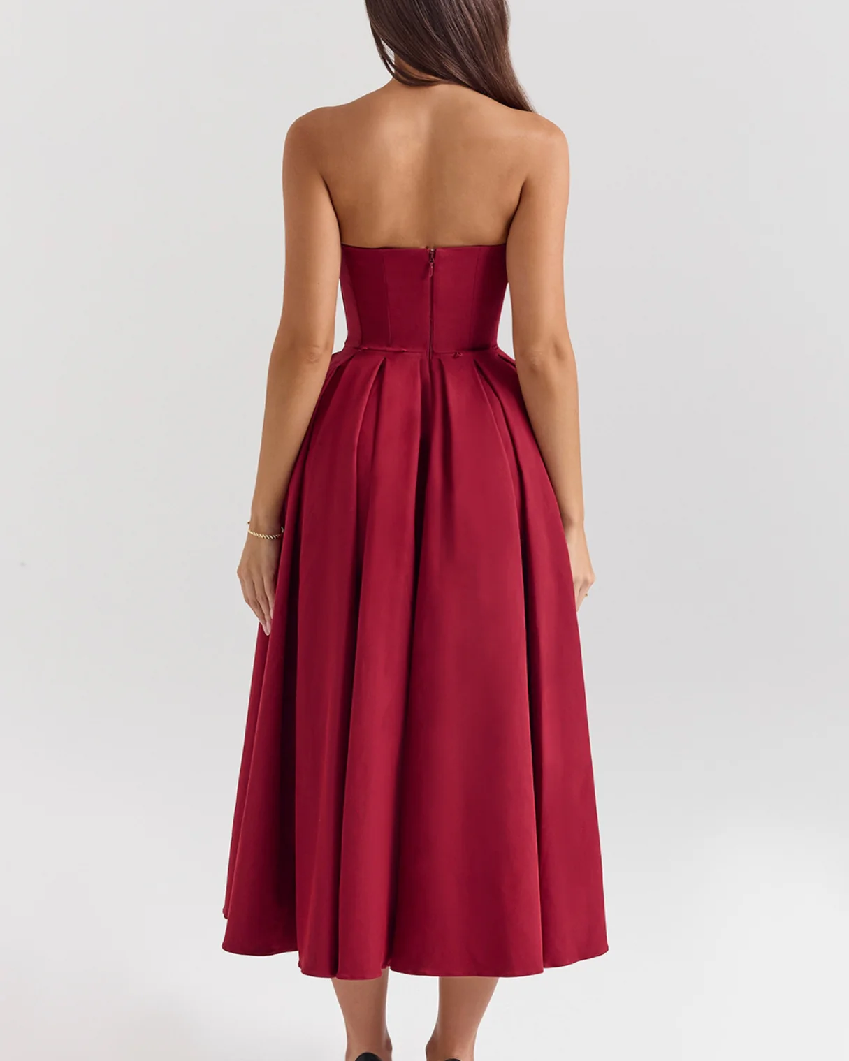 Dalia Strapless Detachable Bow Midi Dress in Maroon - Image 5